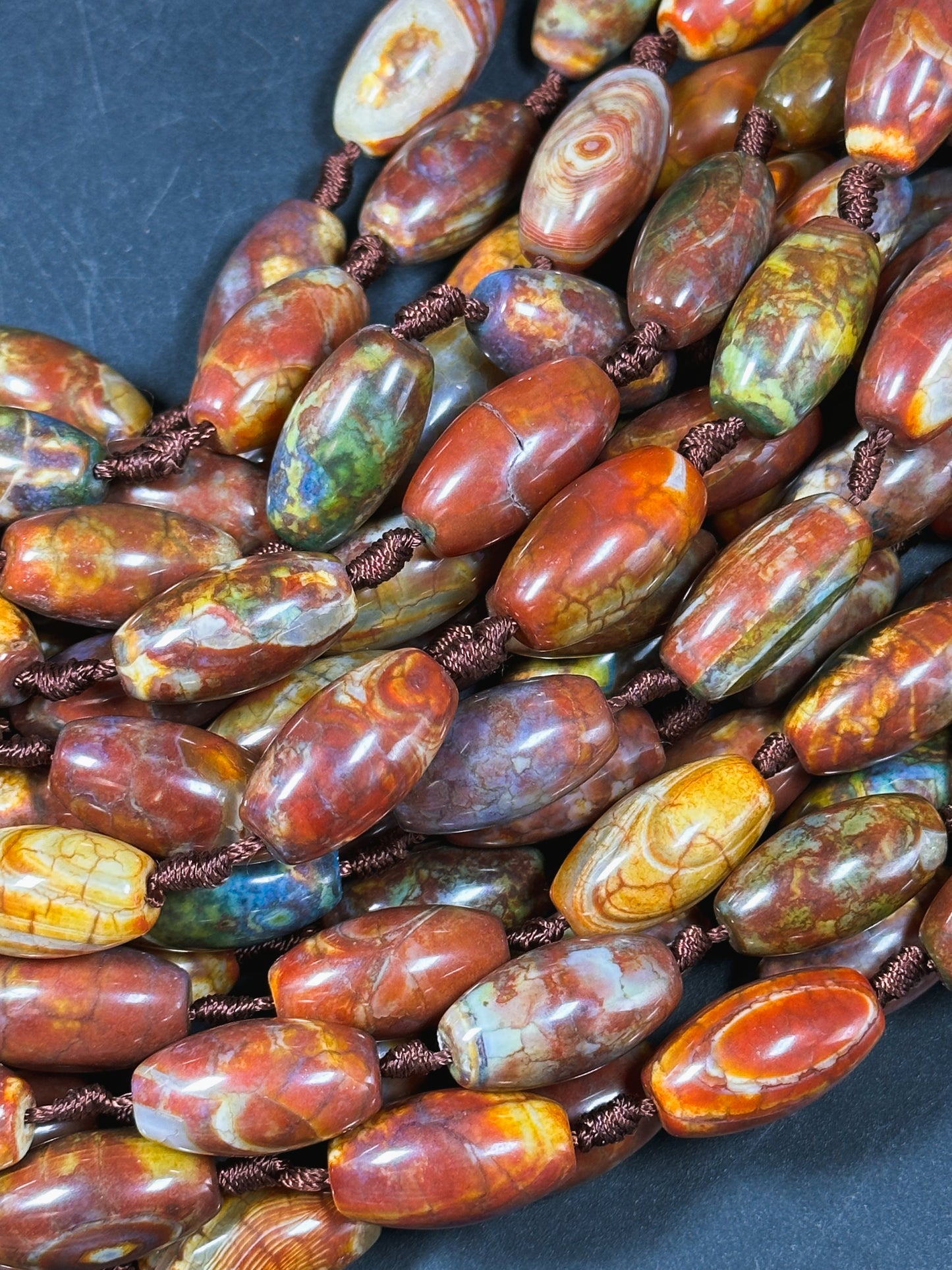 NATURAL Tibetan Agate Gemstone Bead 24x13mm Barrel Shape, Gorgeous Multicolor Orange Brown Color Tibetan Gemstone Bead Excellent Quality