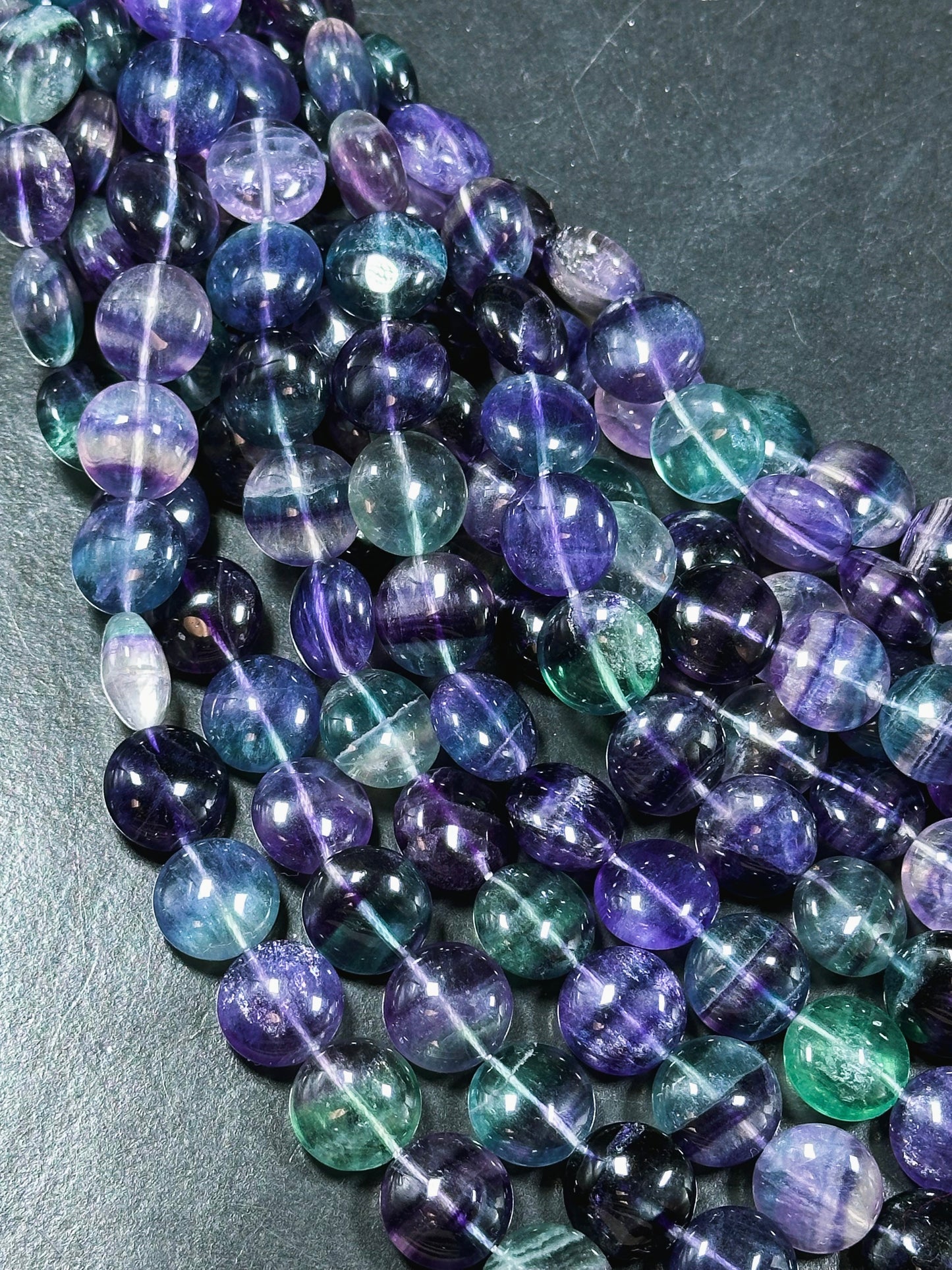 AAA Natural Fluorite Gemstone Bead 14mm Coin Shape, Beautiful Natural Purple Green Color Fluorite Gemstone Bead, Excellent Quality 15.5"