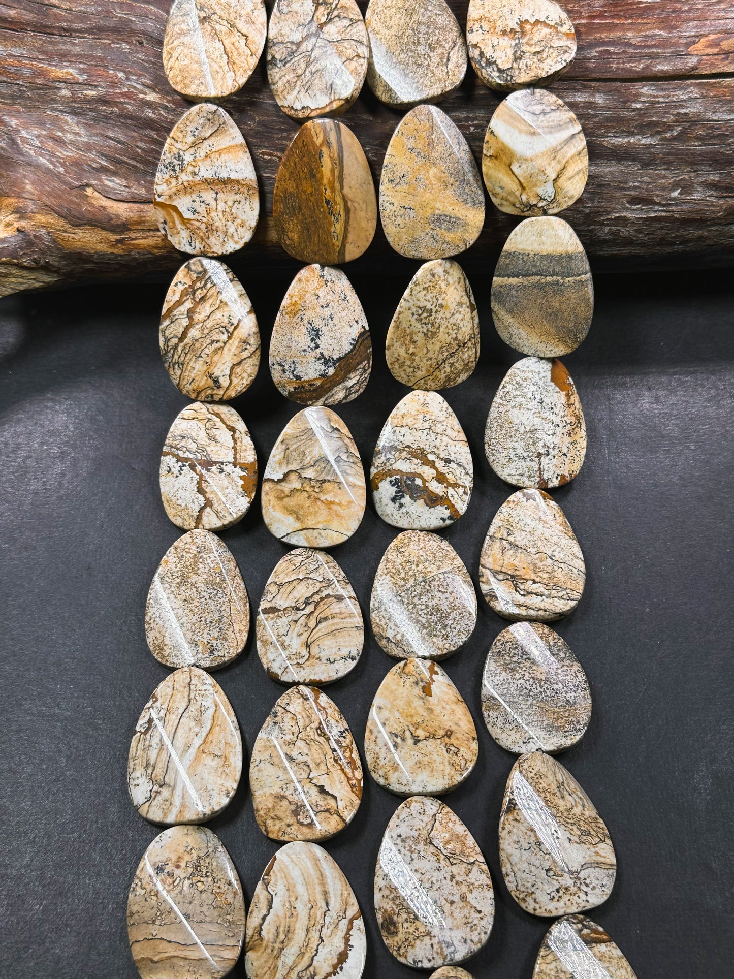 Natural Picture Jasper Gemstone Bead 28x20mm Curved Oval Shape, Beautiful Natural Brown Beige Color Picture Jasper Bead, Full Strand 15.5"