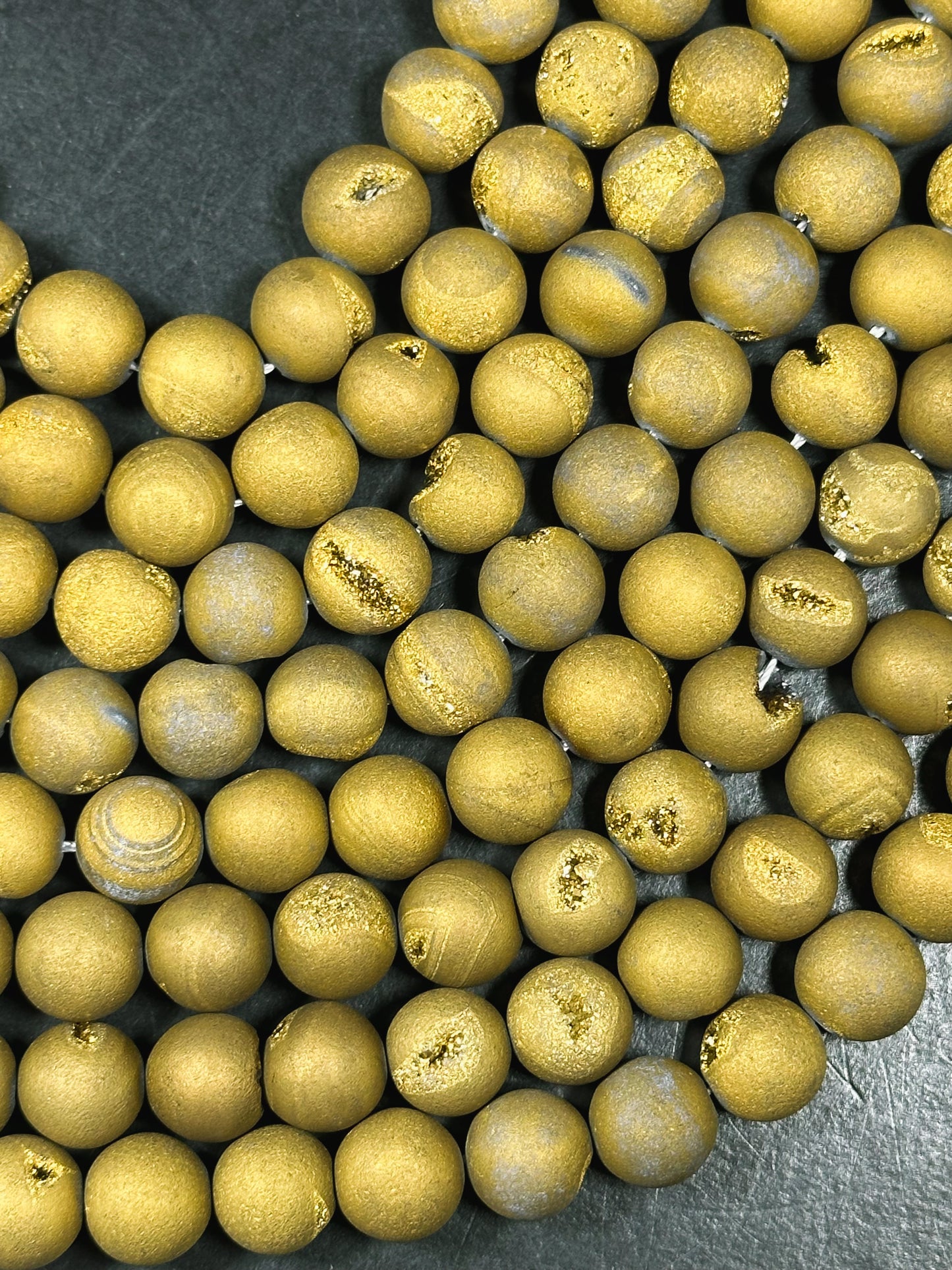 Natural Matte Druzy Agate Gemstone Beads 6mm 8mm 10mm 12mm Round Beads, Dark Yellow Brown Color Matte Druzy Agate Beads Full Strand 15.5"