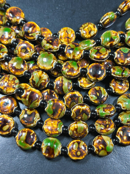 Beautiful Hand Painted Porcelain Beads, 15mm Unique Hand Painted Porcelain Coin Shape Beads, Gorgeous Green Brown Color Porcelain Bead 8"