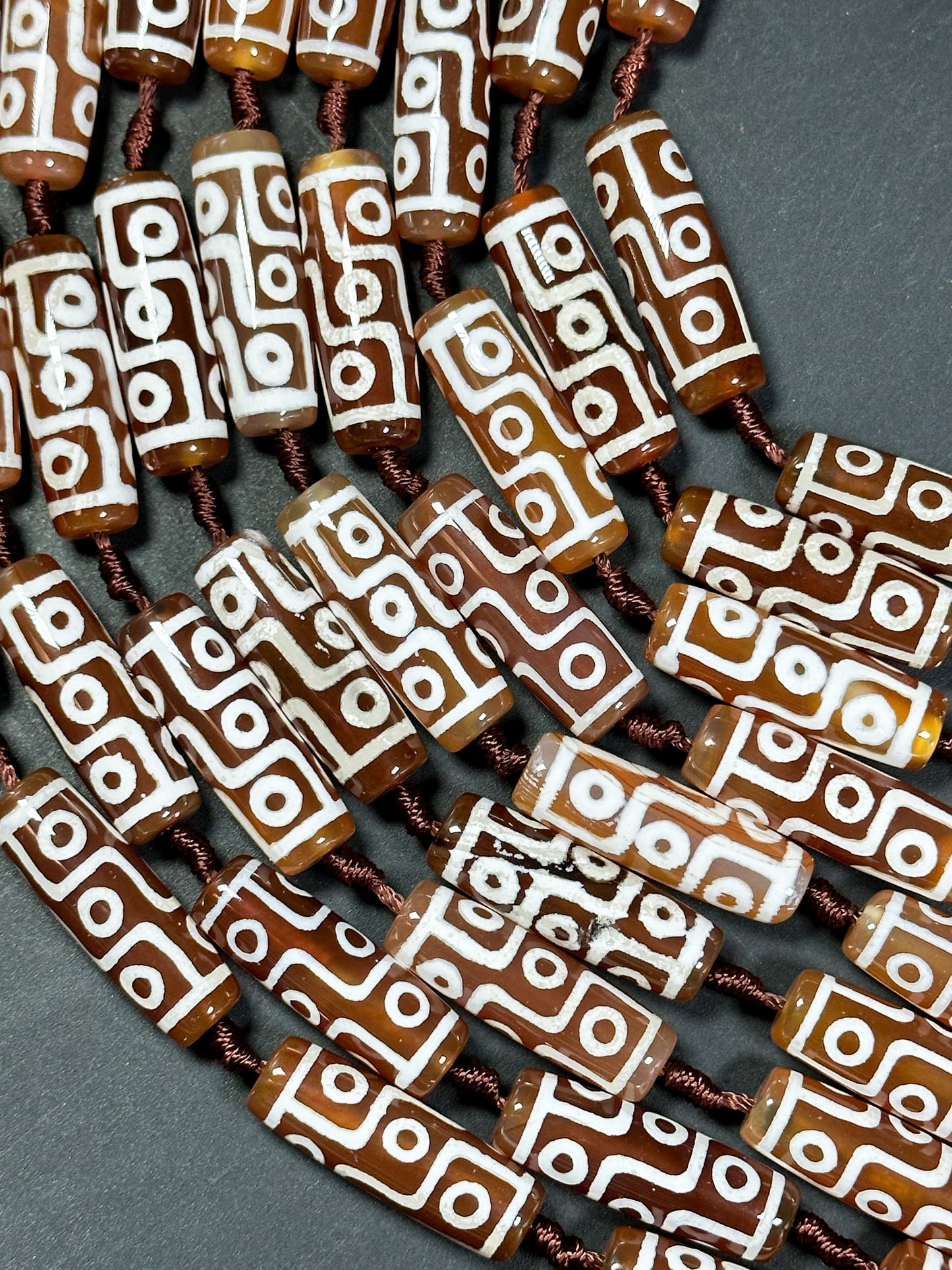 Natural Hand Painted Tibetan Gemstone Bead 30x10mm Tube Shape, Beautiful Brown White Color Tibetan Gemstone Bead Full Strand 15.5"