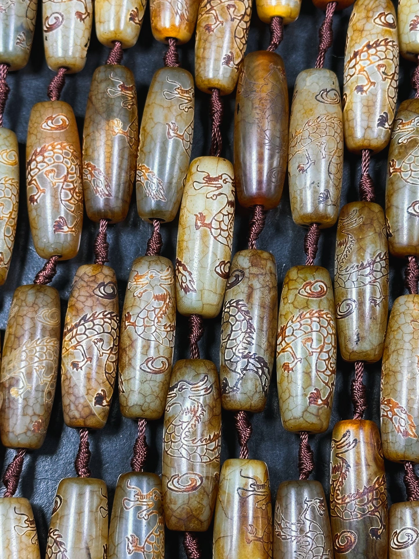 Natural Hand Carved Tibetan Gemstone Bead 40x13mm Barrel Shape Bead, Beautiful Unique Hand Carved Dragon Design Tibetan Agate, 15.5" Strand
