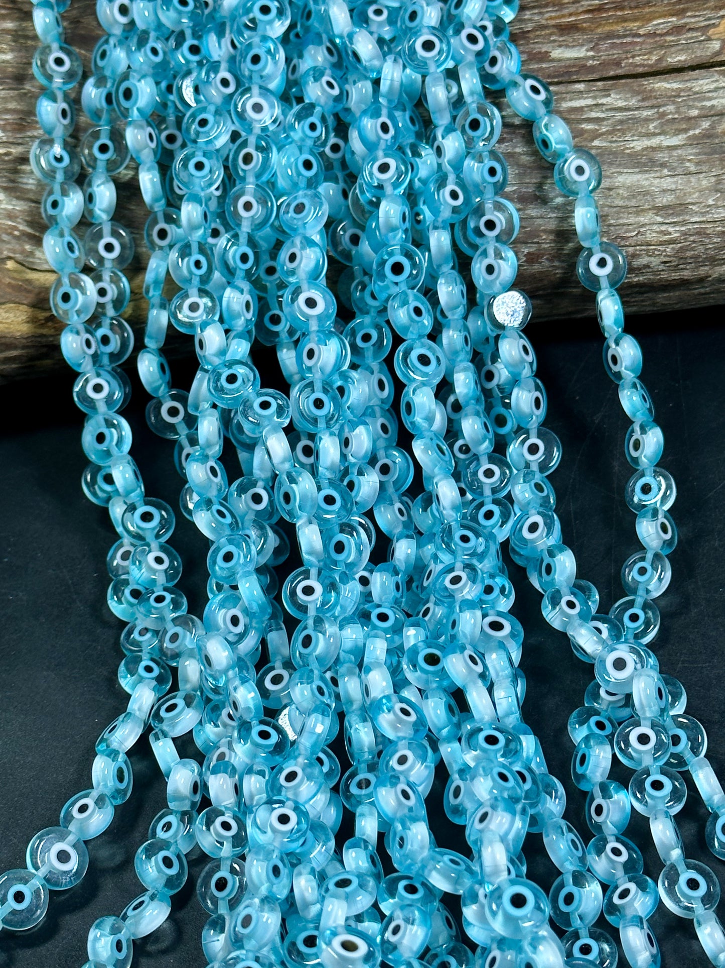 Beautiful Evil Eye Glass Beads 8mm 10mm Flat Coin Shape, Beautiful Aqua Blue Clear Color Evil Eye Glass Beads, Religious Amulet Prayer Beads