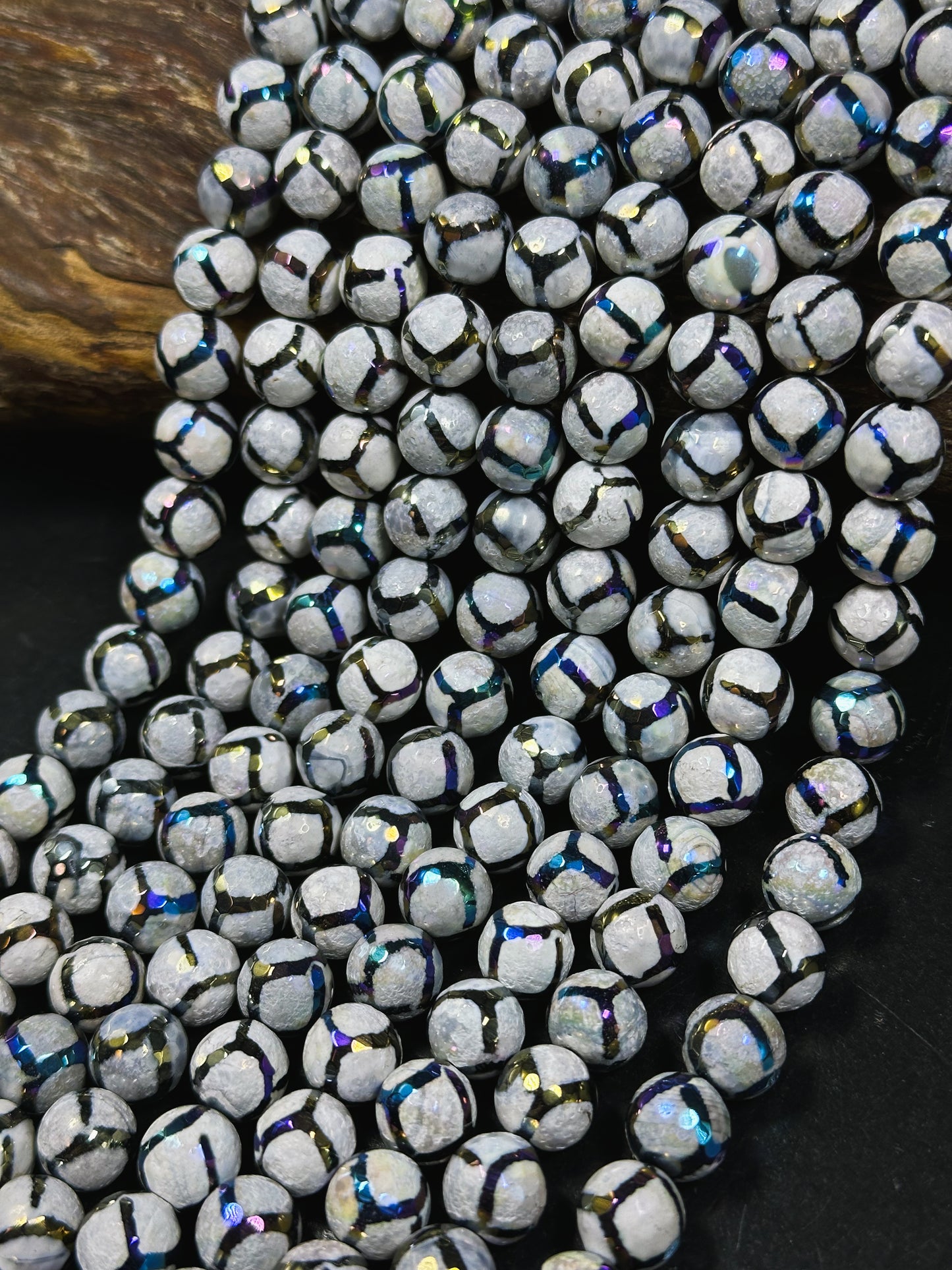 Mystic Natural Galaxy Tibetan Gemstone Bead Faceted 6mm 8mm 10mm 12mm Round Beads, Gorgeous Galaxy Purple Color Honeycomb Design Tibetan Beads 15.5" Strand