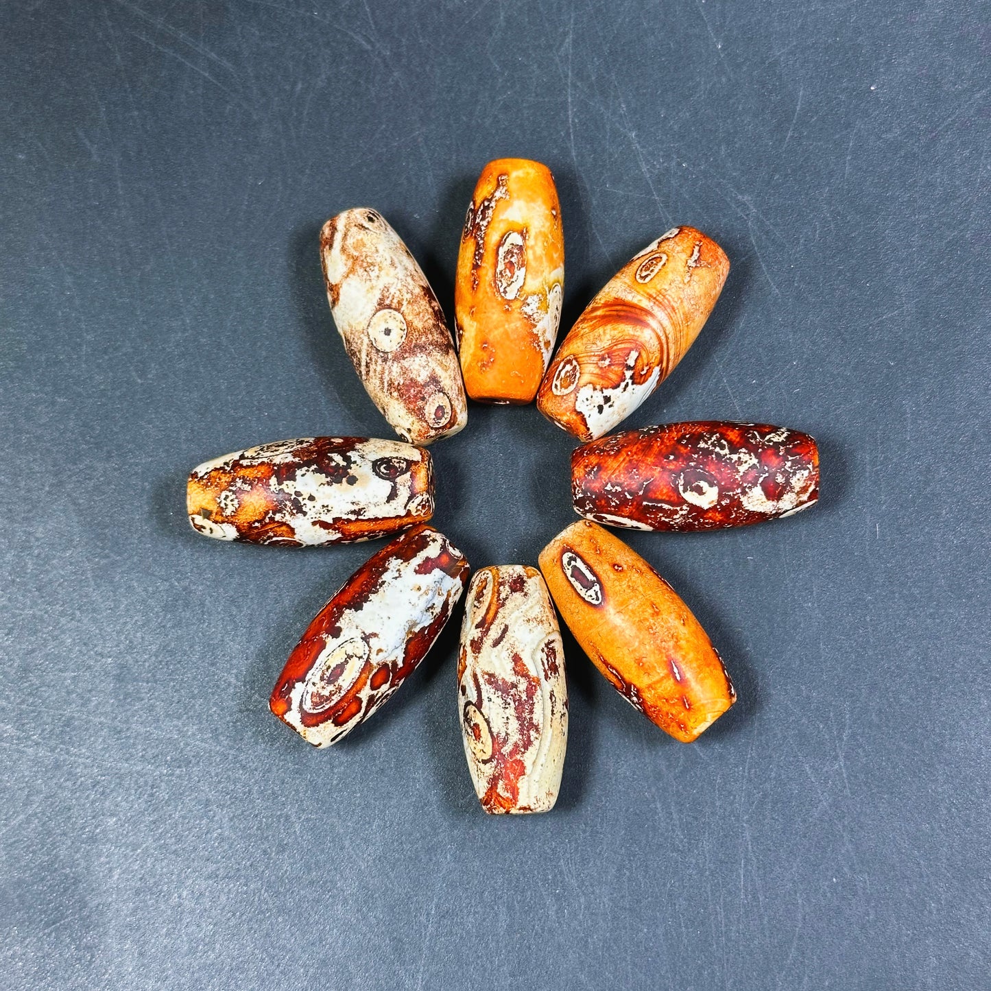 AAA Hand Painted Tibetan Gemstone Bead 29x13mm Barrel Shape Bead, Beautiful Orange Beige Color Unique Design Tibetan Agate LOOSE BEADS