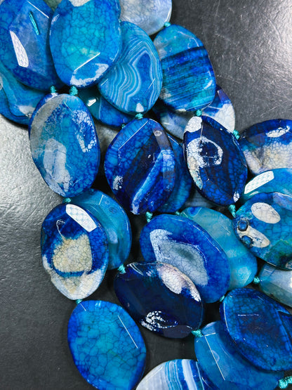 Natural Dragon Skin Agate Gemstone Bead Faceted Oval Shape Bead, Beautiful Royal Blue Color Dragon Skin Agate Beads, Full Strand 15.5"