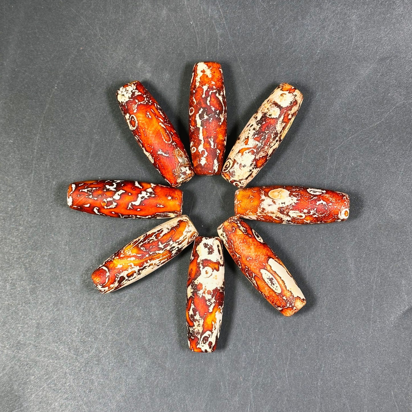 AAA Hand Painted Tibetan Gemstone Bead 39x13mm Barrel Shape Bead, Beautiful Orange Beige Color Unique Design Tibetan Agate LOOSE BEADS