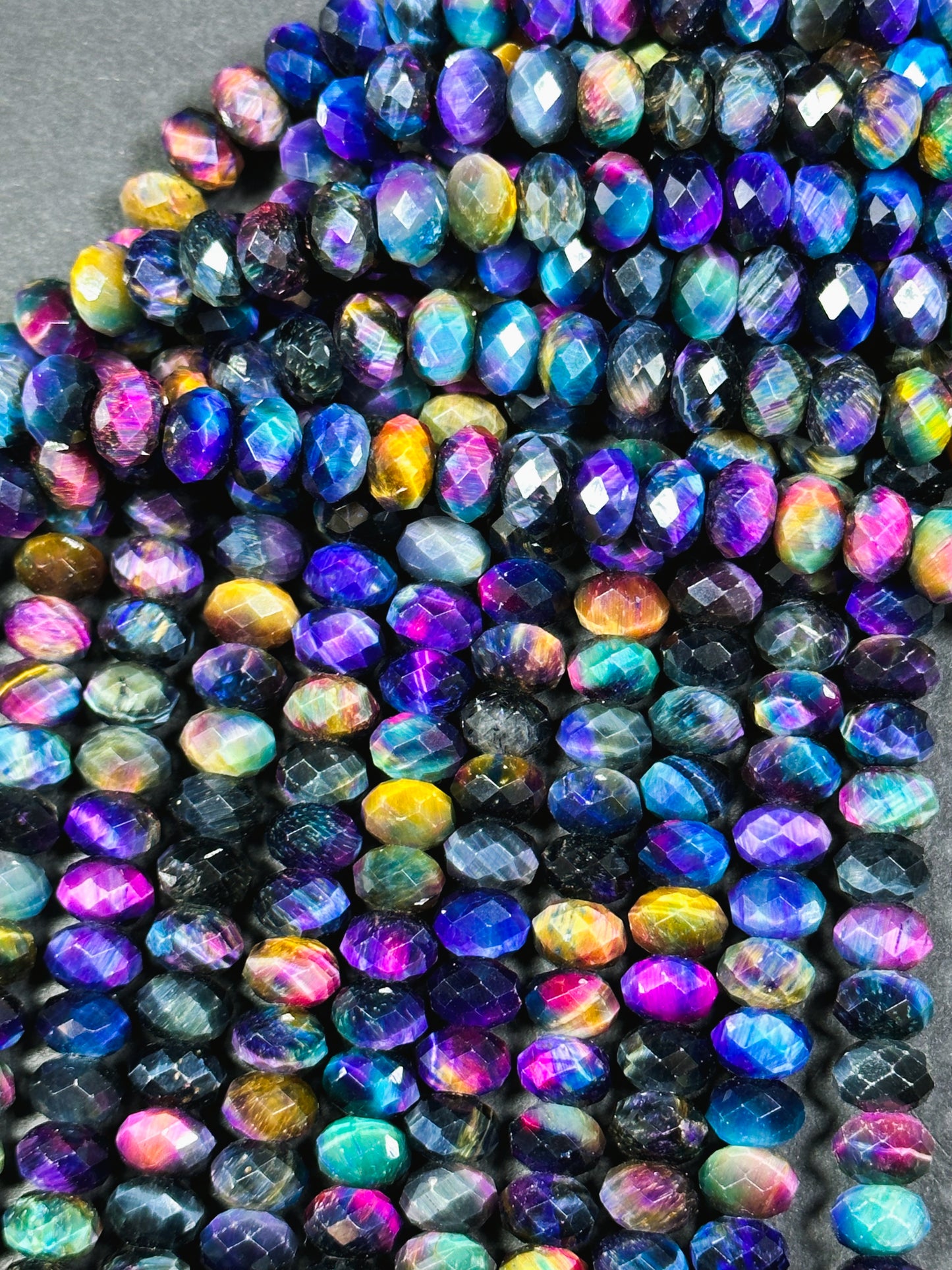 Beautiful Galaxy Tiger Eye Gemstone Bead Faceted 8x5mm Rondelle Shape, Gorgeous Rainbow Multicolor Galaxy Tiger Eye Beads Full Strand 15.5"