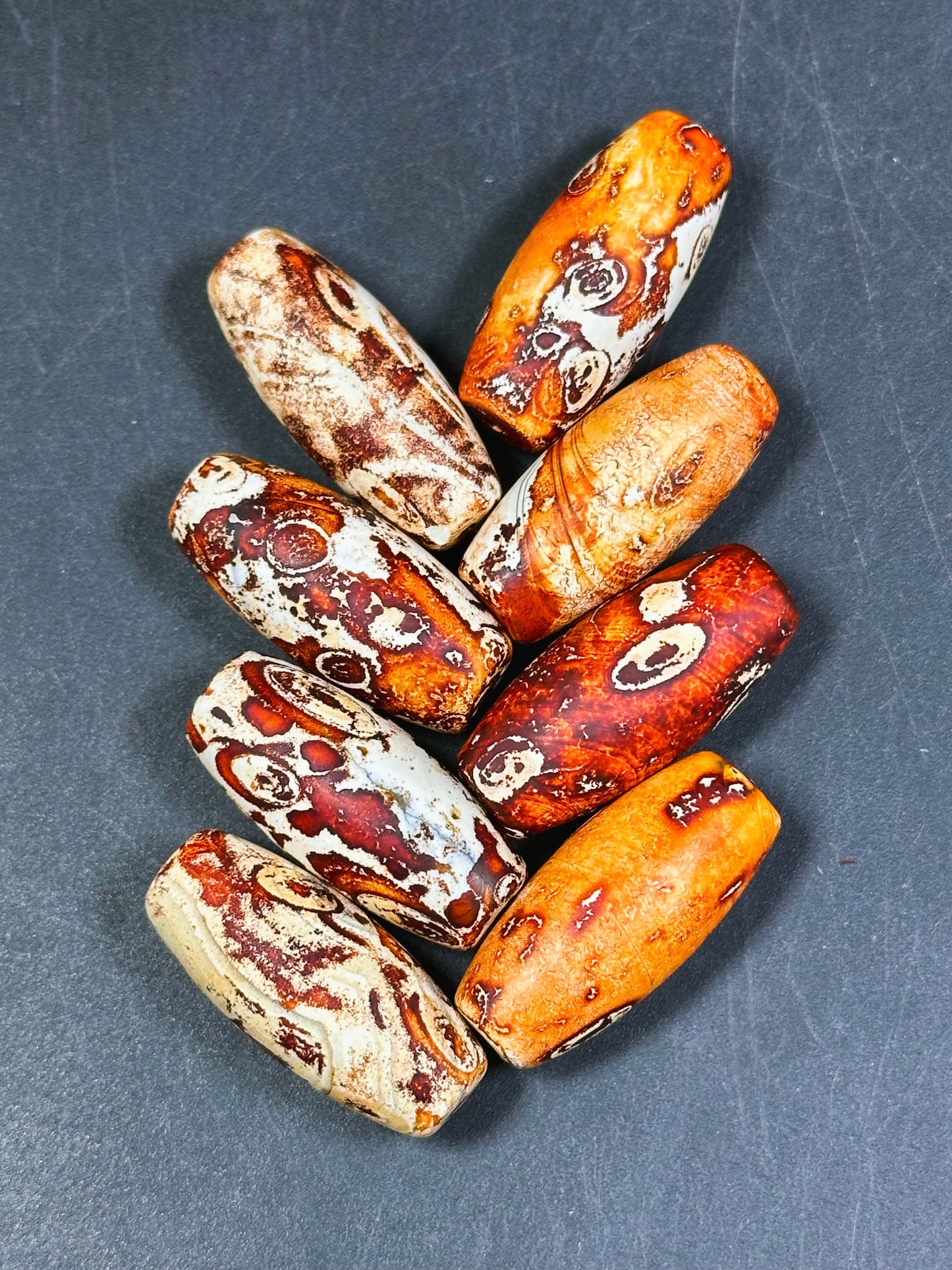 AAA Hand Painted Tibetan Gemstone Bead 29x13mm Barrel Shape Bead, Beautiful Orange Beige Color Unique Design Tibetan Agate LOOSE BEADS
