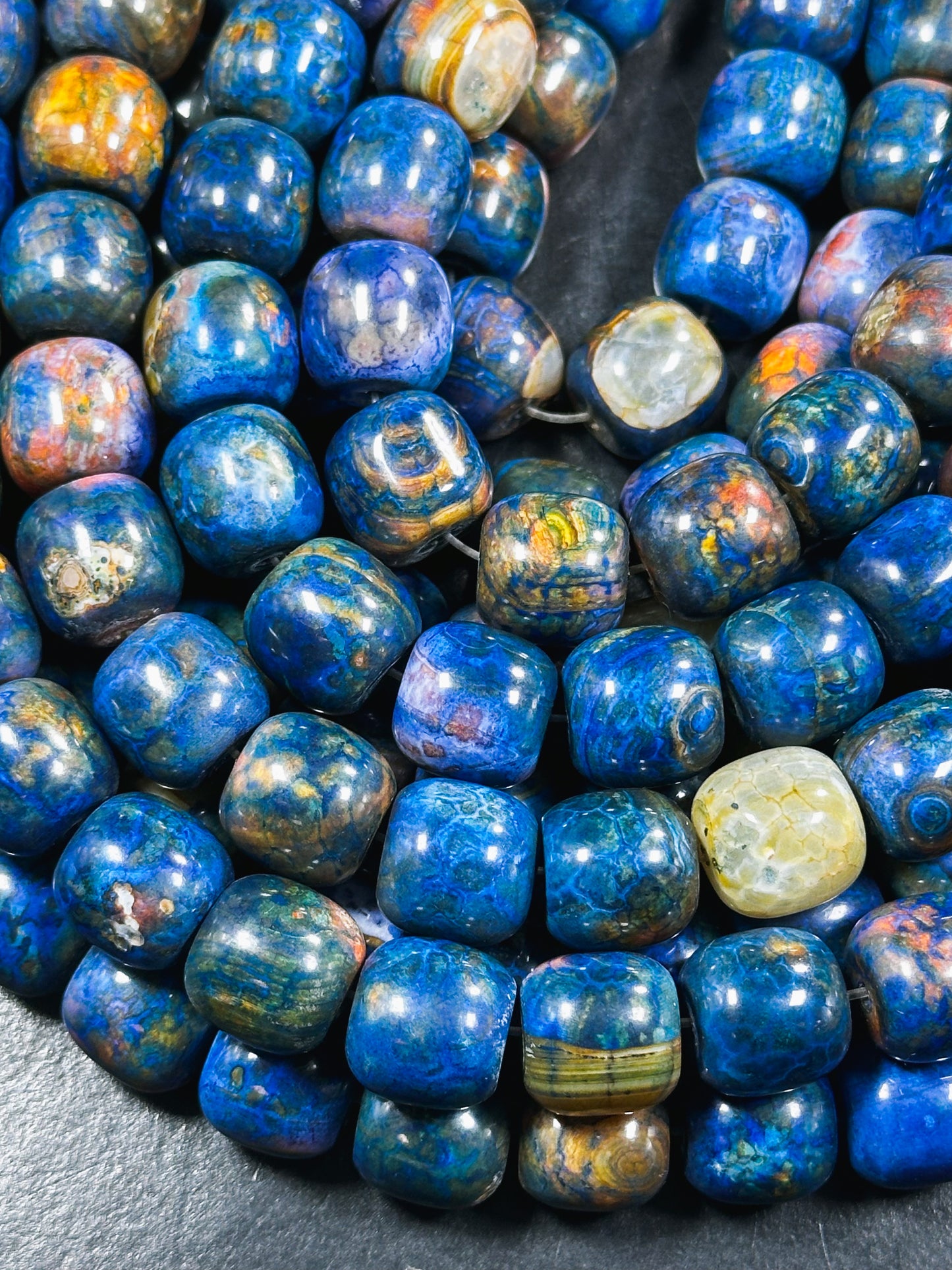 Natural Tibetan Gemstone Bead 12x13mm Barrel Shape, Gorgeous Multicolor Blue Color Tibetan Gemstone Beads, Excellent Quality Full Strand 13"