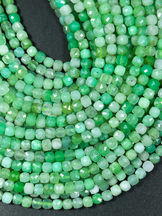 AAA NATURAL Chrysoprase Gemstone Bead Faceted 4mm Cube Shape, Gorgeous Green Color Chrysoprase Gemstone Bead Excellent Quality Beads 15.5"