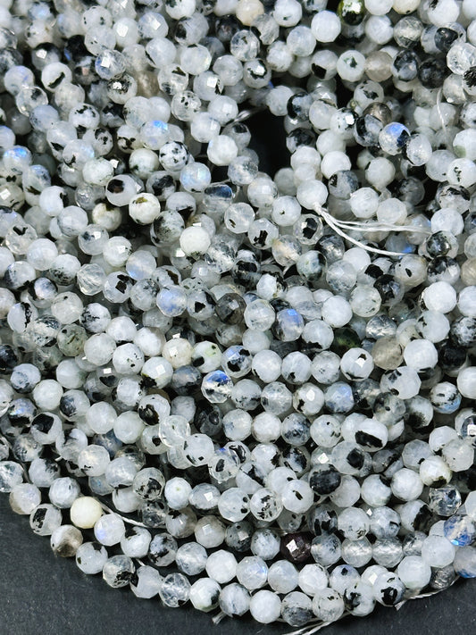 AAA Natural Blue Flash Moonstone Gemstone Bead Faceted 4.5mm Round Bead, Gorgeous Natural White Blue Flash Moonstone w/ Black Specks 15.5"