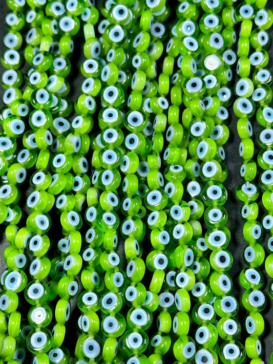 Beautiful Evil Eye Glass Beads 6mm Flat Coin Shape, Beautiful Green with Blue Eye Color Evil Eye Beads, Religious Amulet Prayer Beads