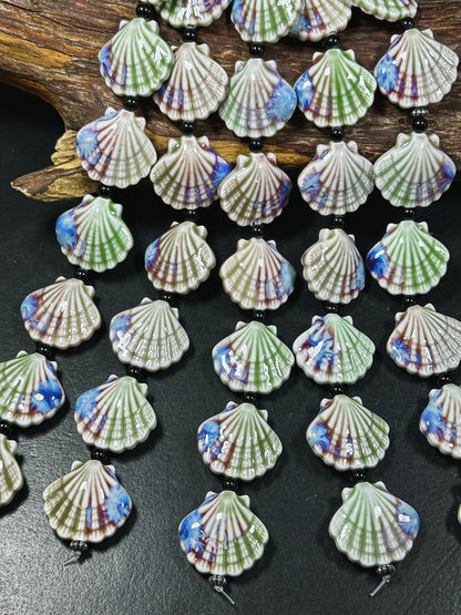 Beautiful Hand Painted Porcelain Beads, 31x28mm Unique Hand Painted Porcelain Scallop Shape Beads, Gorgeous Multicolor Porcelain Bead 9"