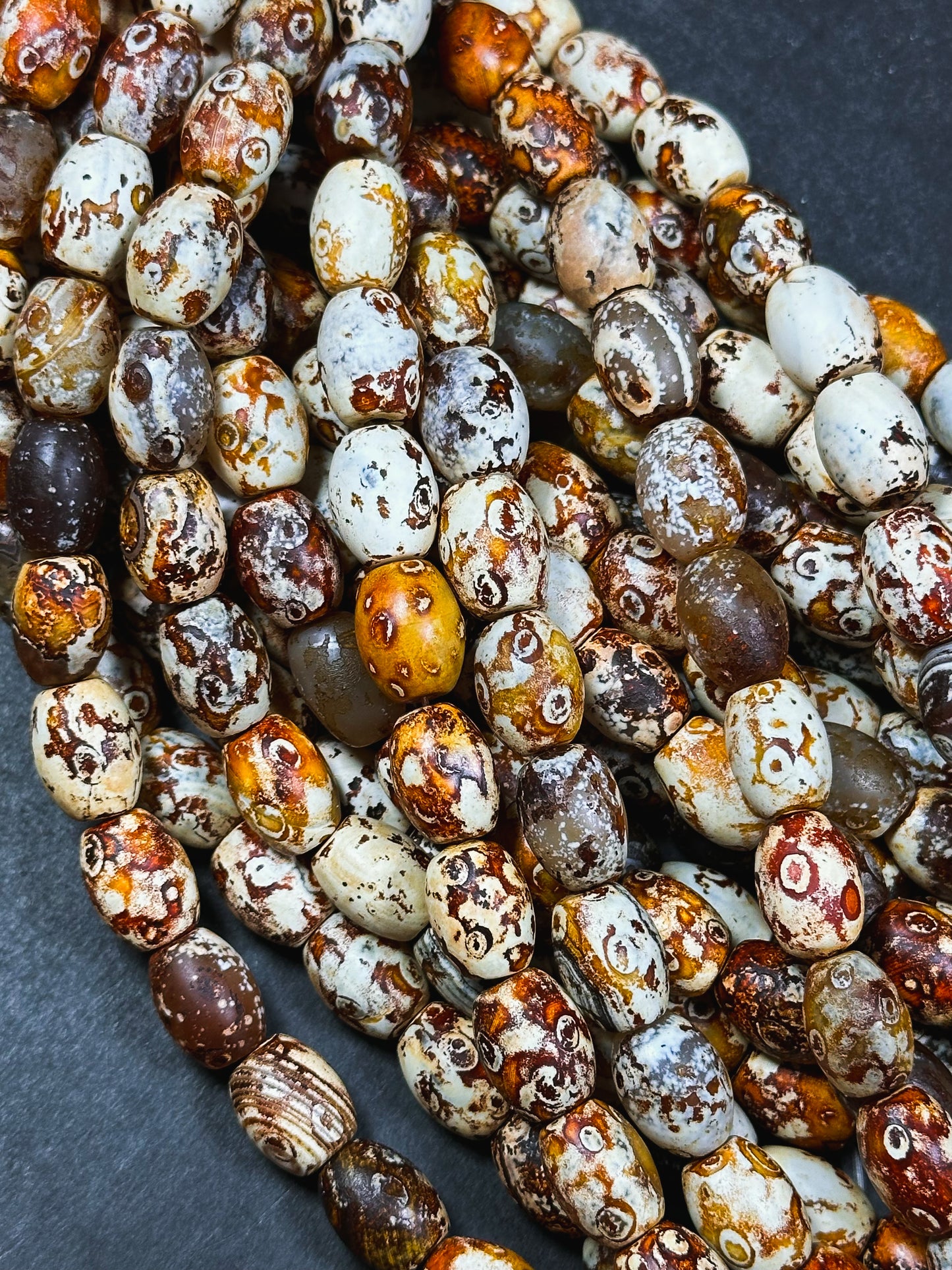 AAA Natural Tibetan Gemstone Bead 13x10mm Barrel Shape, Beautiful Orange Brown Hand Painted Tibetan Stone Bead, Excellent Quality 14" Strand