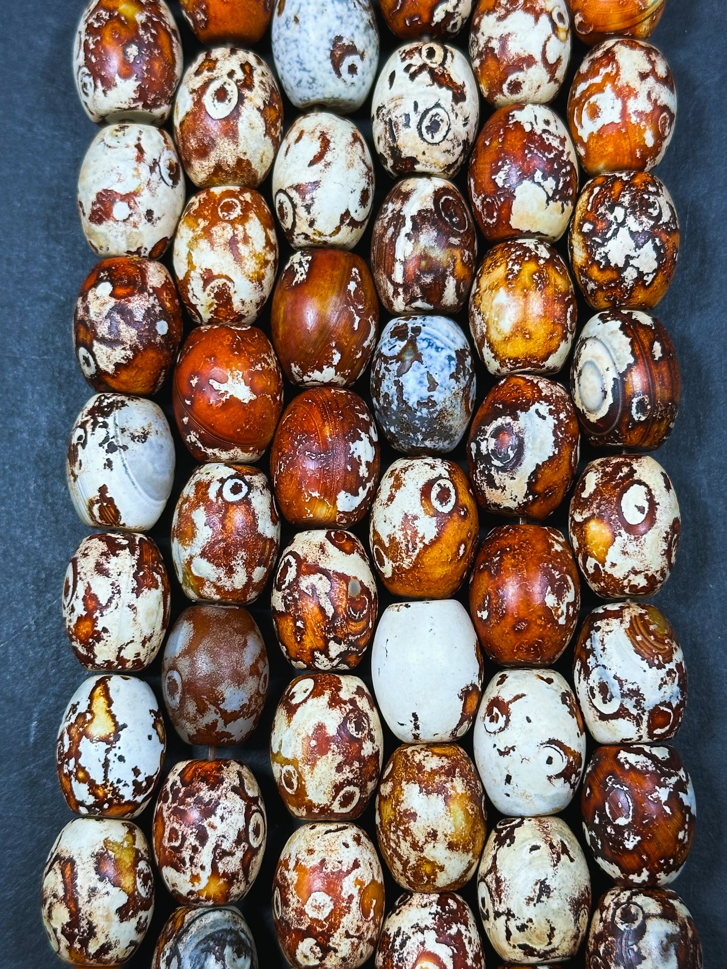 AAA Natural Tibetan Gemstone Bead 12x16mm Barrel Shape, Beautiful Orange Brown Hand Painted Tibetan Stone Bead, Excellent Quality 14" Strand