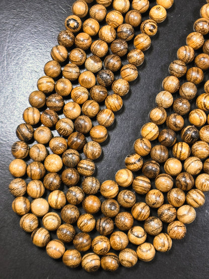 Natural Tiger Skin Sandalwood Beads 8mm 10mm Round Beads, Natural Light Brown Aromatic Wood Meditation Prayer Mala Beads Full Strand 15.5"