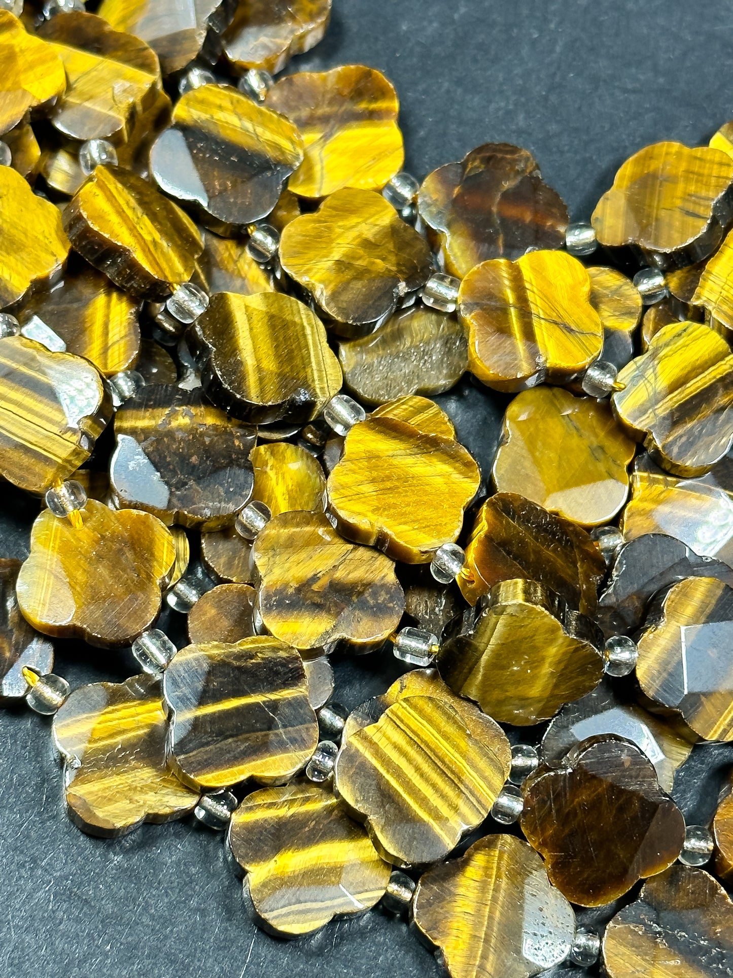NATURAL Tiger Eye Gemstone Bead Faceted 18mm Clover Flower Shape, Gorgeous Golden Brown Honey Yellow Color Gemstone Bead Full Strand 15.5"