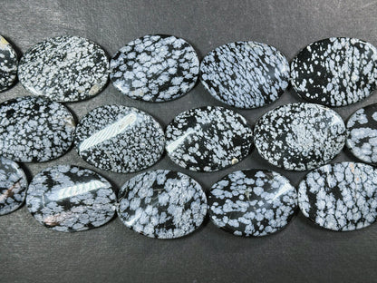 Natural Snowflake Obsidian Gemstone Bead 39x30mm Curved Oval Shape, Natural Black Gray Color Snowflake Obsidian Beads, Full Strand 15.5"