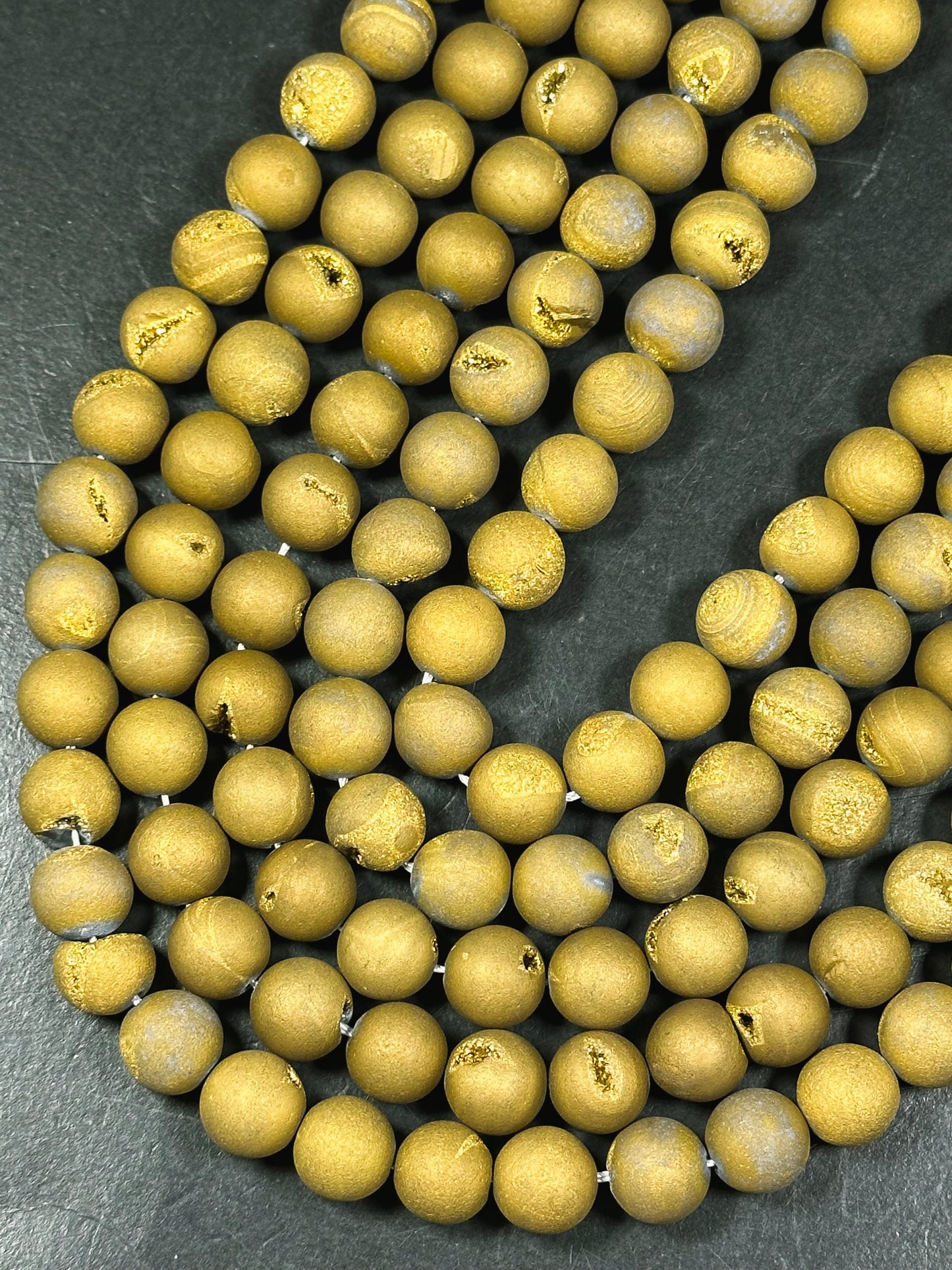 Natural Matte Druzy Agate Gemstone Beads 6mm 8mm 10mm 12mm Round Beads, Dark Yellow Brown Color Matte Druzy Agate Beads Full Strand 15.5"