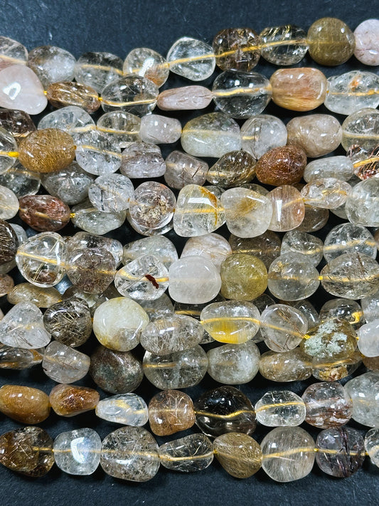 Natural Rutilated Quartz Gemstone Bead 10-13mm Freeform Pebble Shape, Gorgeous Natural Color Rutilated Quartz Excellent Quality 15.5" Strand
