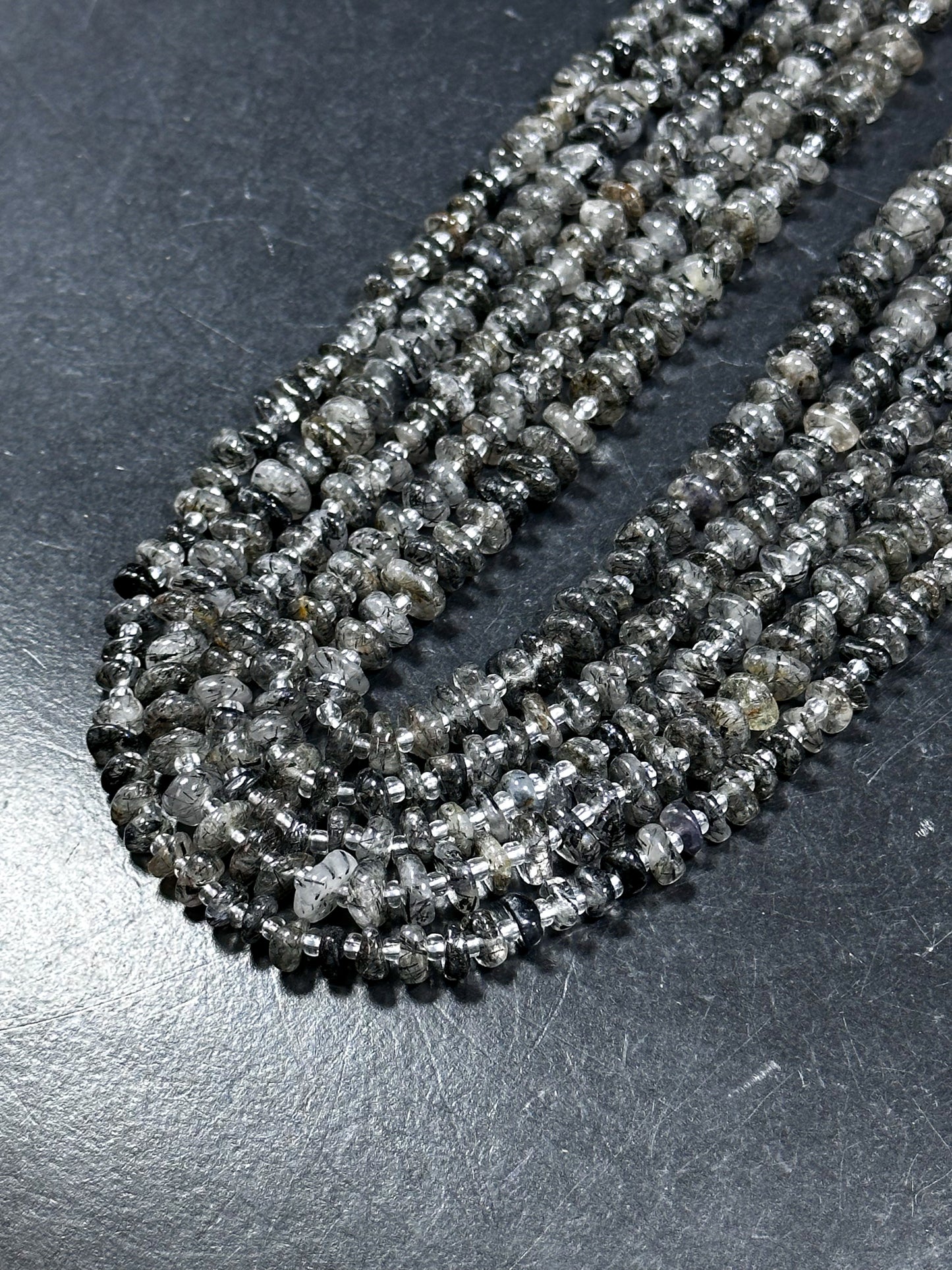 NATURAL Rutilated Quartz Gemstone Bead 7-9mm Freeform Rondelle Shape Beads, Beautiful Black Gray Color Black Hairs Loose Bead 15.5" Strand