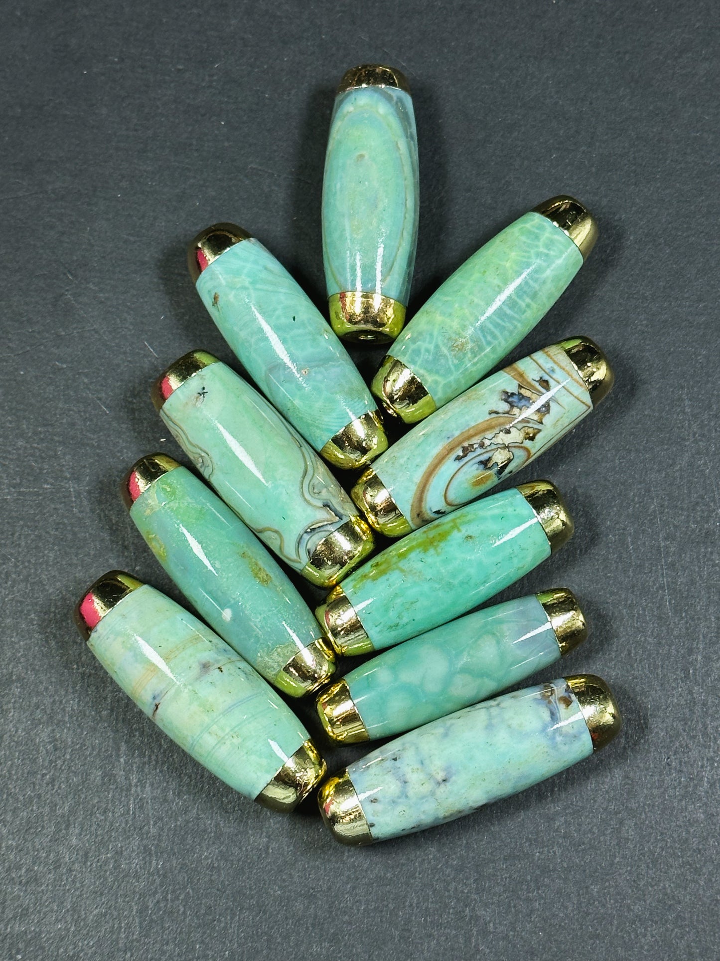 Natural Dragon Skin Agate Gemstone 41x14mm Barrel Shape Bead, Gorgeous Seafoam Green Color Stone Beads, Gold Filled Edges, Loose Focal Beads