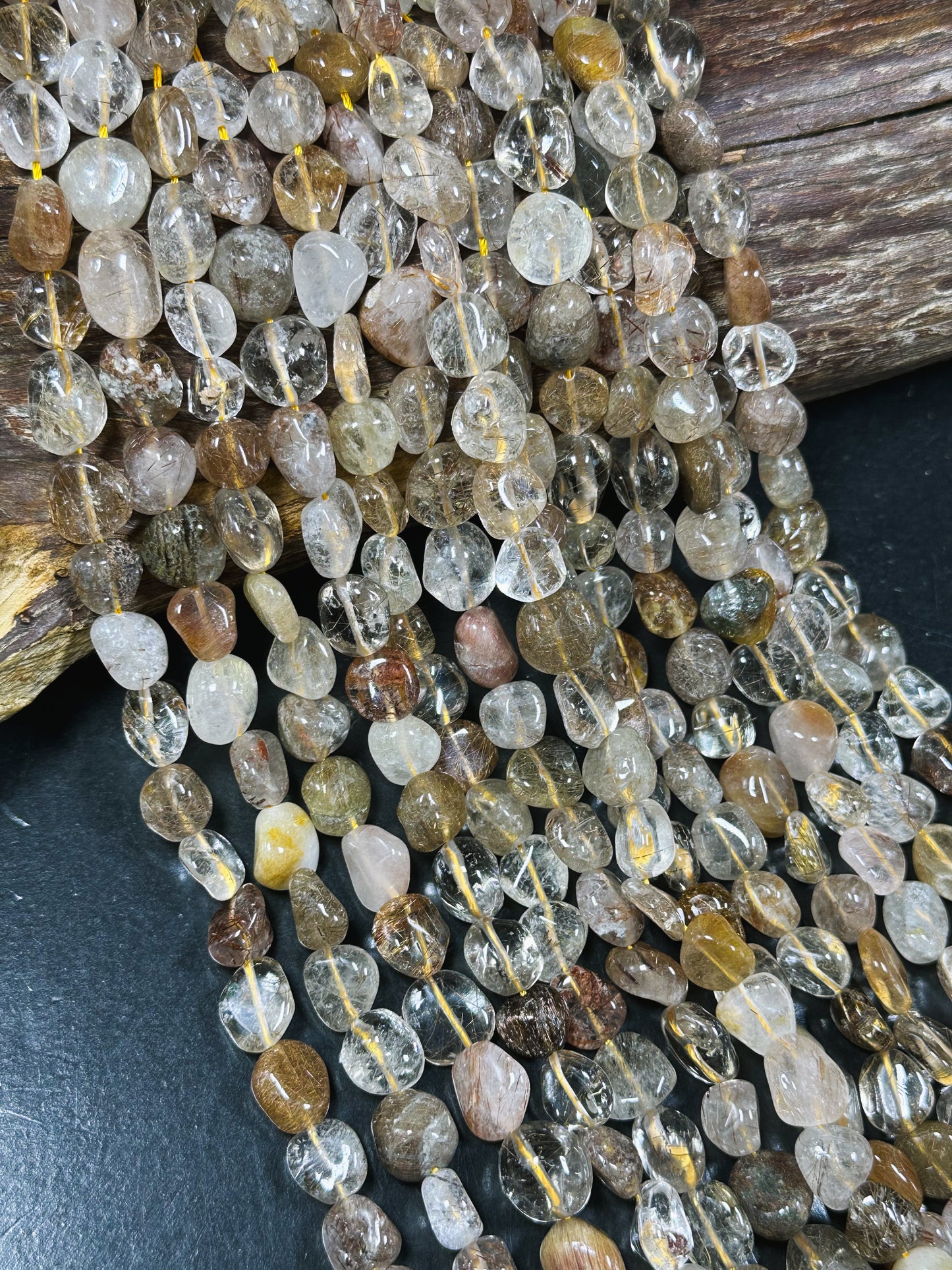 Natural Rutilated Quartz Gemstone Bead 10-13mm Freeform Pebble Shape, Gorgeous Natural Color Rutilated Quartz Excellent Quality 15.5" Strand