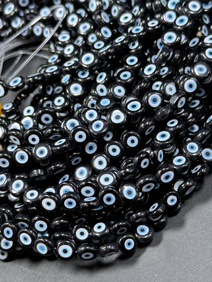 Beautiful Evil Eye Glass Bead 6mm Flat Coin Shape, Beautiful Black Color with BLUE Eyes Evil Eye Glass Beads, Religious Amulet Prayer Beads