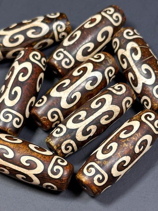 NATURAL Hand Painted Tibetan Agate Stone Bead 39x14mm Barrel Tube Shape Bead, Beautiful Brown White Color Hand Painted Tibetan Loose Beads