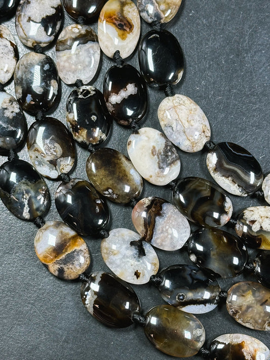 Natural Black Blossom Flower Agate Gemstone Bead, Oval Shape, Gorgeous Natural Black Beige Color Flower Agate Beads, Excellent Quality 15.5"