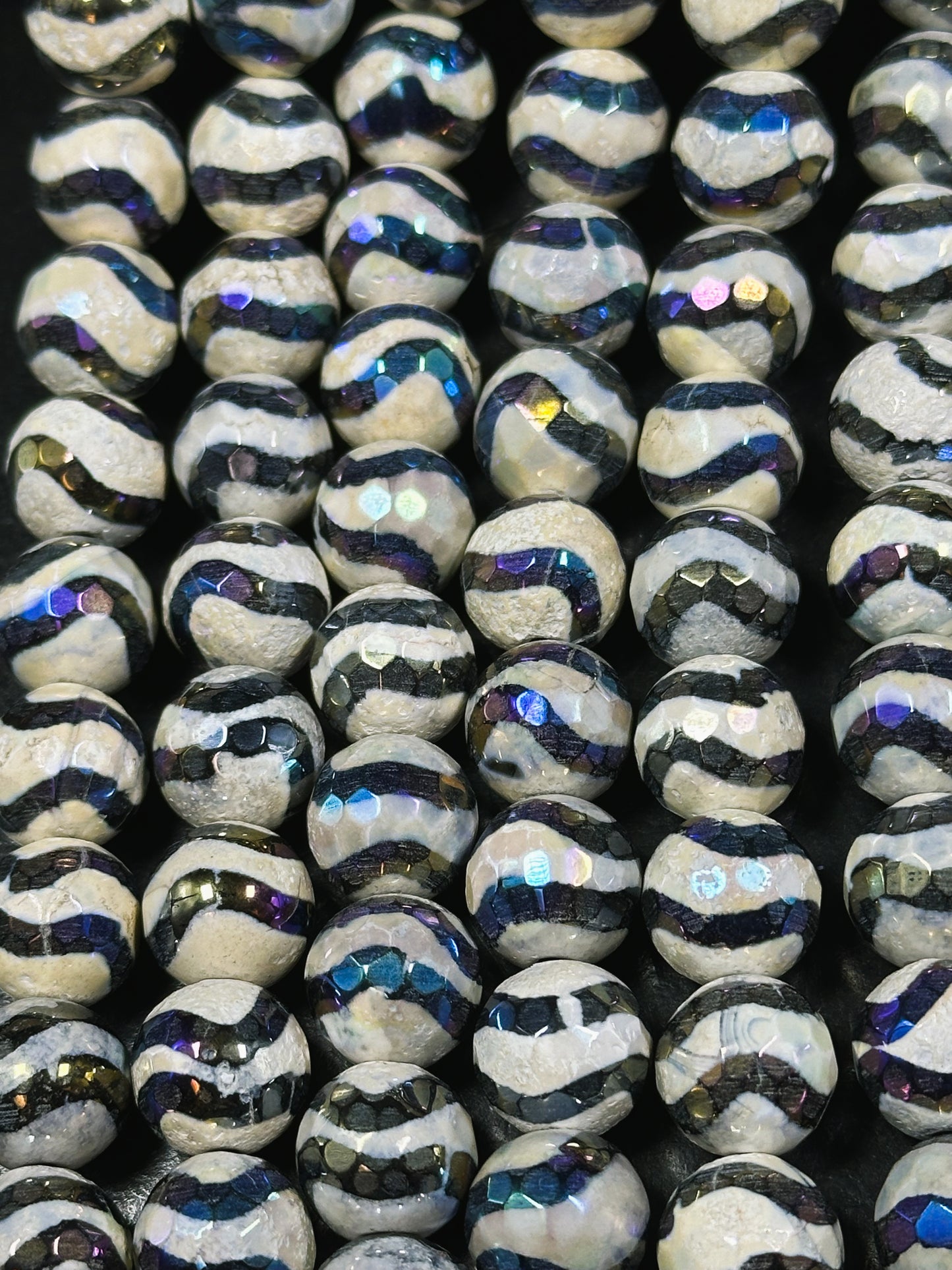 Mystic Natural Galaxy Tibetan Gemstone Bead Faceted 6mm 8mm 10mm 12mm Round Beads, Gorgeous Galaxy Purple Color Wave/Wavy Line Design Tibetan Beads 15.5" Strand