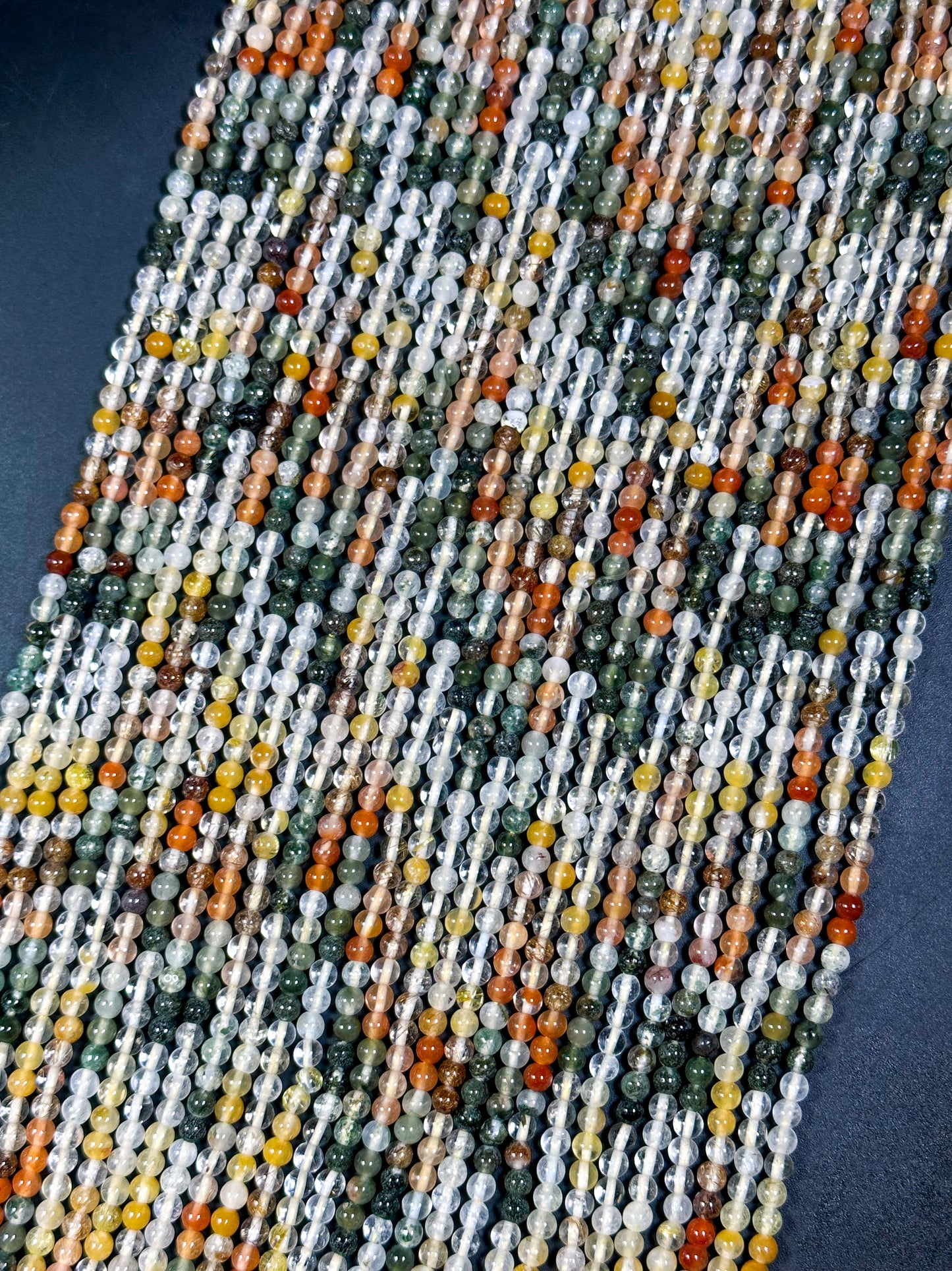 Natural Multi Rutilated Quartz Gemstone Bead 4mm Round Beads, Beautiful Multicolor Clear Yellow Orange Green Rutilated Quartz Beads 15.5"