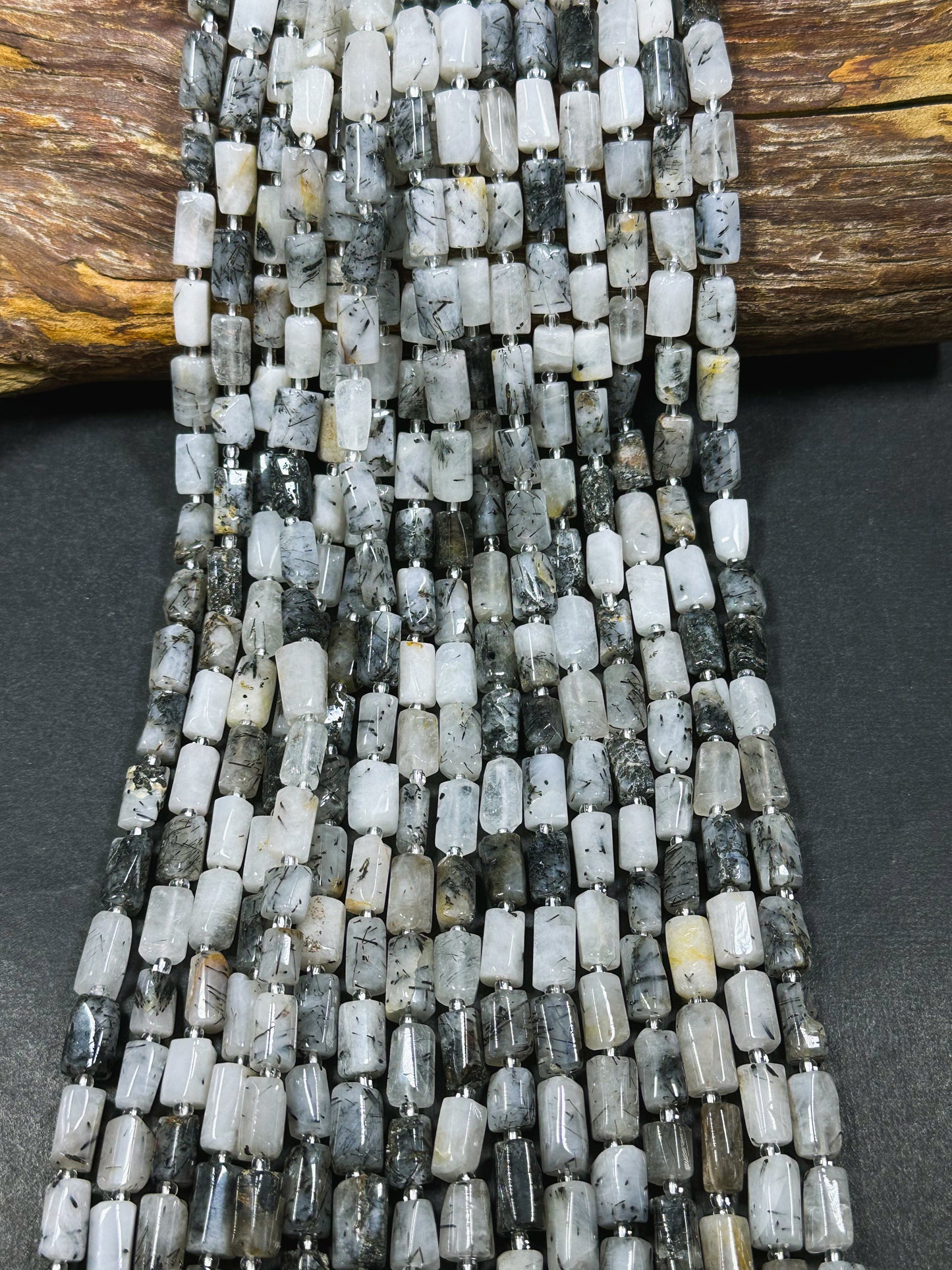 Natural Rutilated Quartz Gemstone Bead Faceted 12x8mm Tube Shape Bead, Beautiful Natural White Black Rutilated Quartz Bead Full Strand 15.5"