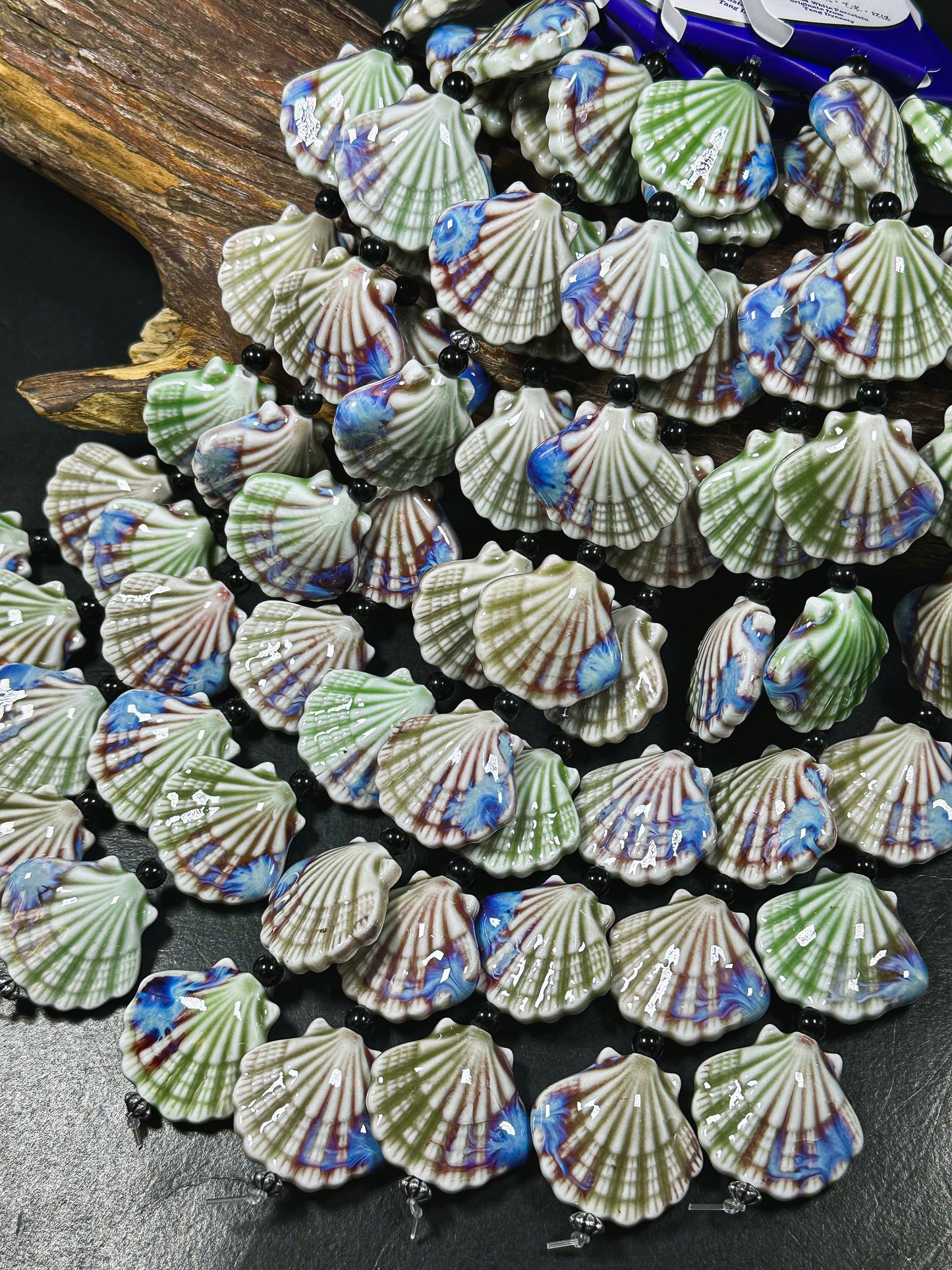 Beautiful Hand Painted Porcelain Beads, 31x28mm Unique Hand Painted Porcelain Scallop Shape Beads, Gorgeous Multicolor Porcelain Bead 9"