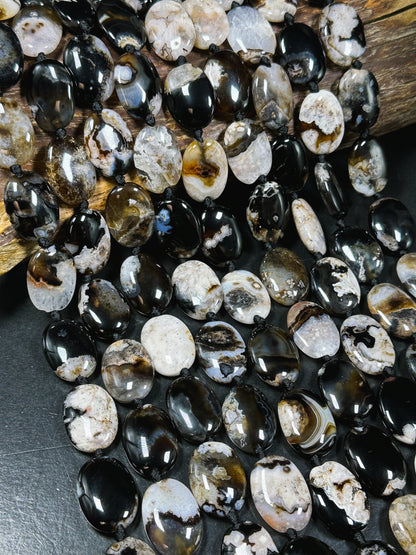 Natural Black Blossom Flower Agate Gemstone Bead, Oval Shape, Gorgeous Natural Black Beige Color Flower Agate Beads, Excellent Quality 15.5"