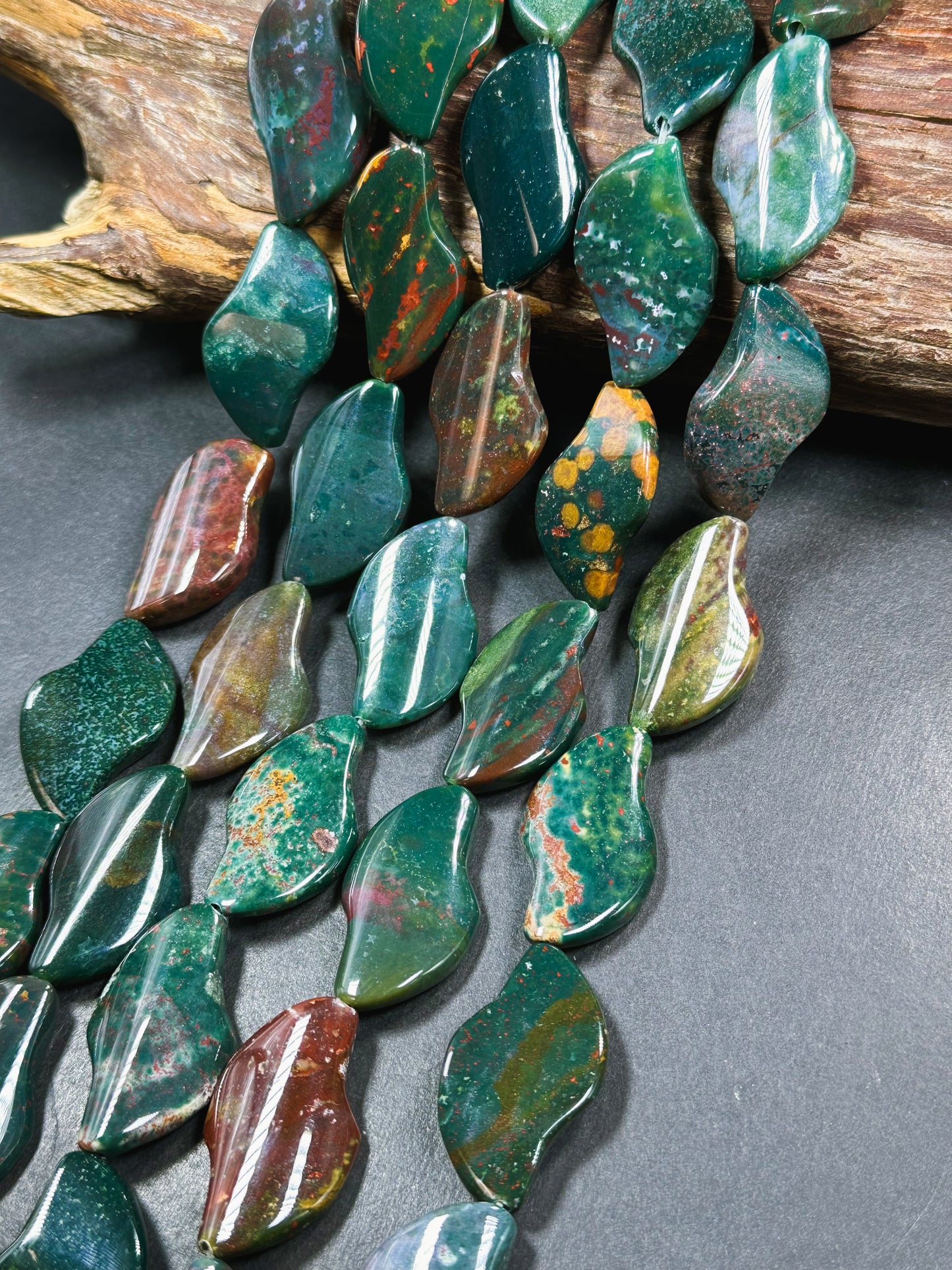 Natural Bloodstone Gemstone Bead 37x22mm Wave Shape, Beautiful Natural Dark Green Multicolor Bloodstone Gemstone Beads, Full Strand 15.5"