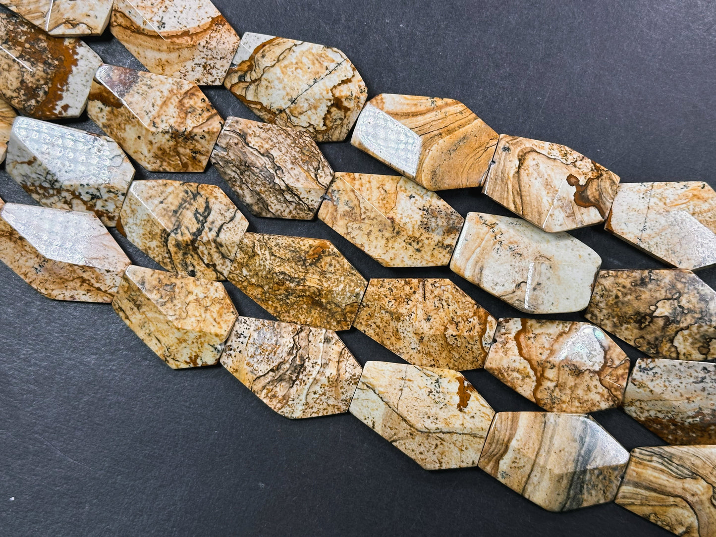 Natural Picture Jasper Gemstone Bead 28x19mm Coffin Shape Bead, Beautiful Natural Brown Beige Color Picture Jasper Bead, Full Strand 15.5"