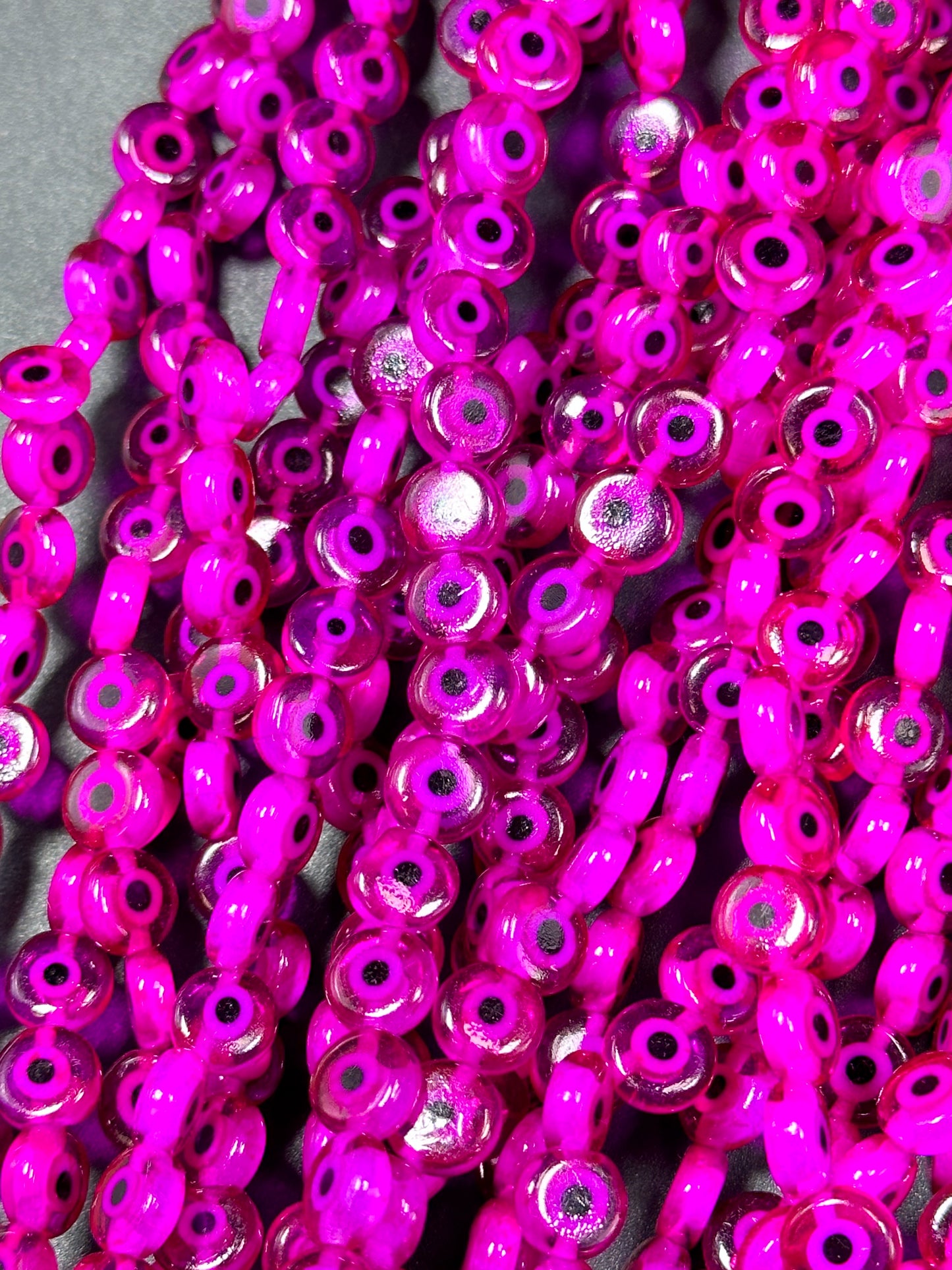 Beautiful Evil Eye Glass Beads 6mm 8mm Flat Coin Shape, Beautiful Hot Pink Magenta Color Evil Eye Beads, Religious Amulet Prayer Beads
