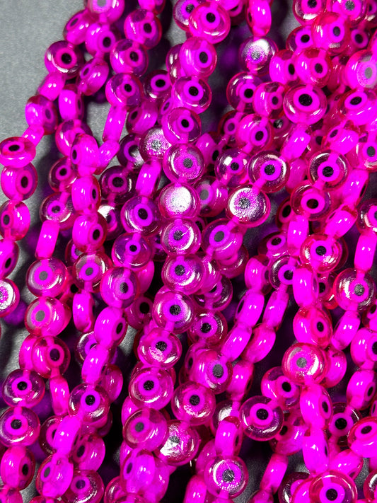 Beautiful Evil Eye Glass Beads 6mm 8mm Flat Coin Shape, Beautiful Hot Pink Magenta Color Evil Eye Beads, Religious Amulet Prayer Beads