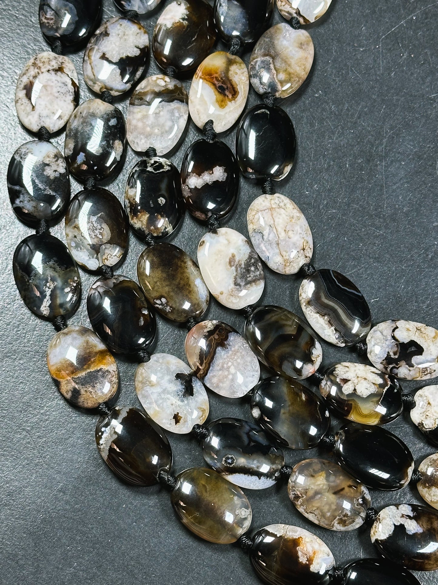 Natural Black Blossom Flower Agate Gemstone Bead, Oval Shape, Gorgeous Natural Black Beige Color Flower Agate Beads, Excellent Quality 15.5"