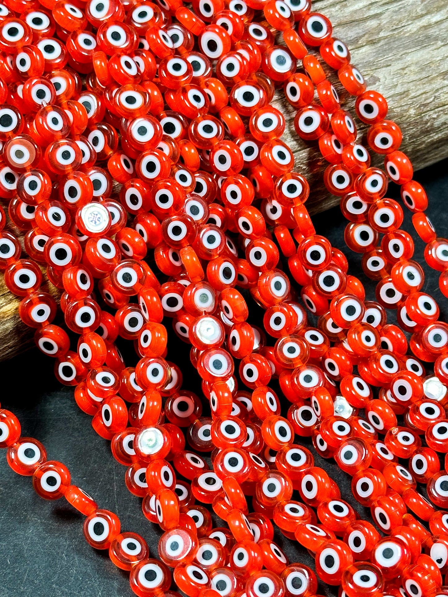 Beautiful Evil Eye Glass Beads 8mm Flat Coin Shape, Beautiful Red Orange Color Evil Eye Beads, Religious Amulet Prayer Beads, Great Quality
