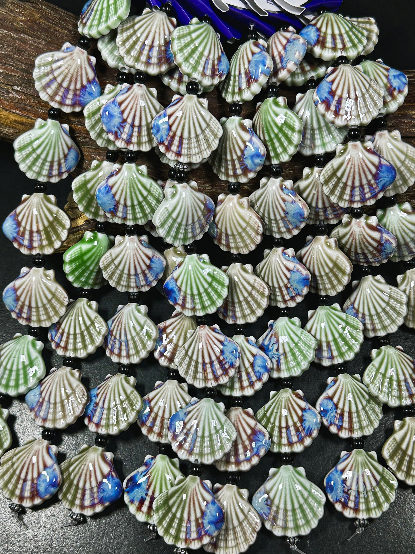 Beautiful Hand Painted Porcelain Beads, 31x28mm Unique Hand Painted Porcelain Scallop Shape Beads, Gorgeous Multicolor Porcelain Bead 9"