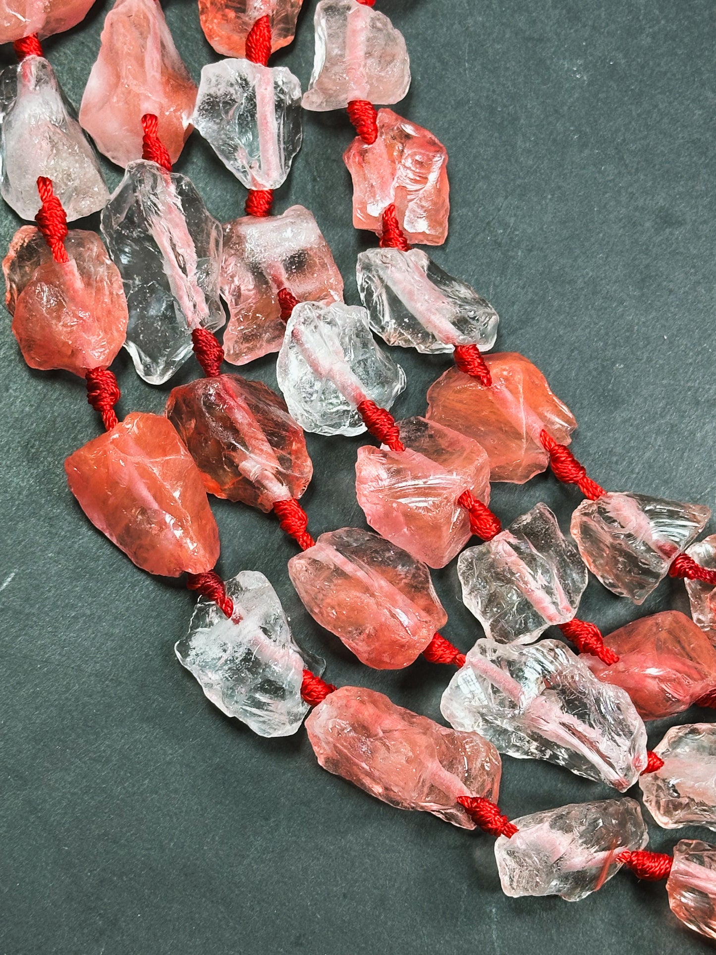 Natural Raw Watermelon Quartz Gemstone Bead Freeform Nugget Bead, Beautiful Watermelon Red Clear Color Rough Raw Quartz Bead, 15.5" Strand