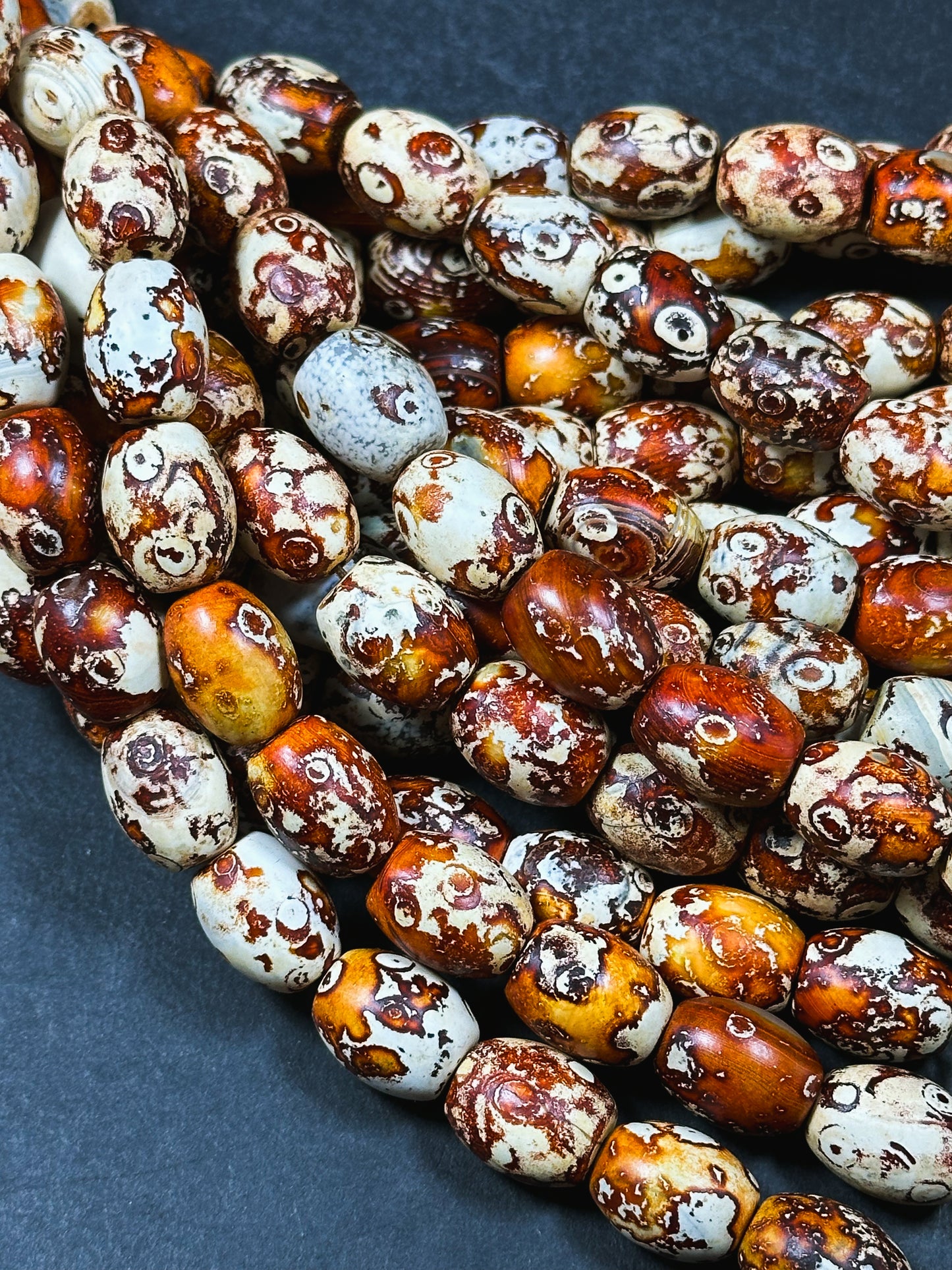AAA Natural Tibetan Gemstone Bead 12x16mm Barrel Shape, Beautiful Orange Brown Hand Painted Tibetan Stone Bead, Excellent Quality 14" Strand