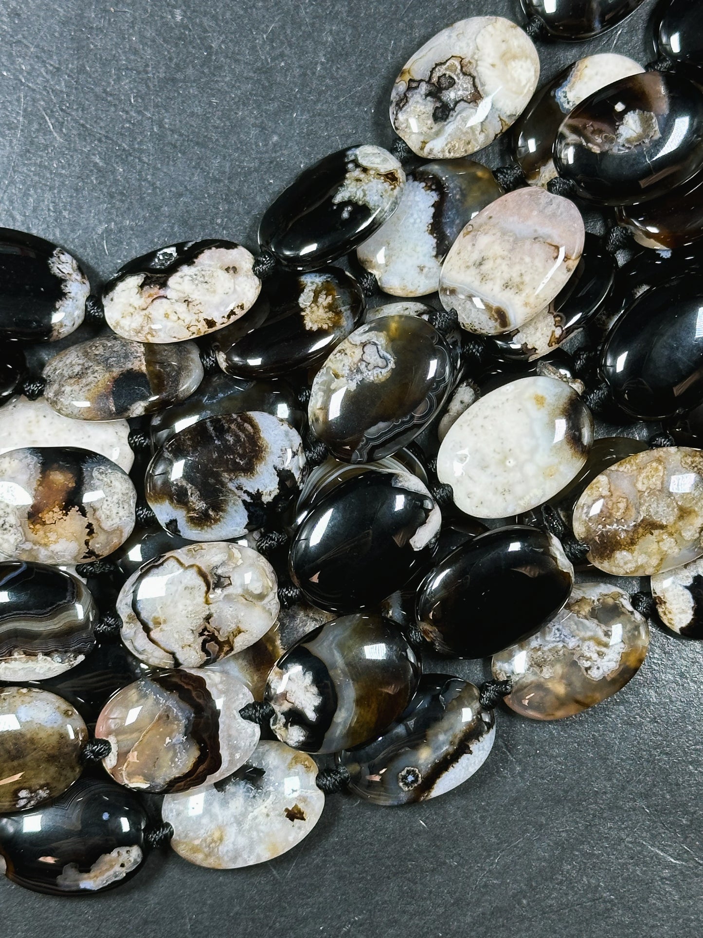 Natural Black Blossom Flower Agate Gemstone Bead, Oval Shape, Gorgeous Natural Black Beige Color Flower Agate Beads, Excellent Quality 15.5"