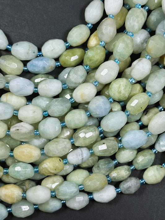 Natural Aquamarine Gemstone Bead Faceted 14x10mm Barrel Shape, Beautiful Natural Blue Green Color Aquamarine Great Quality Full Strand 15.5