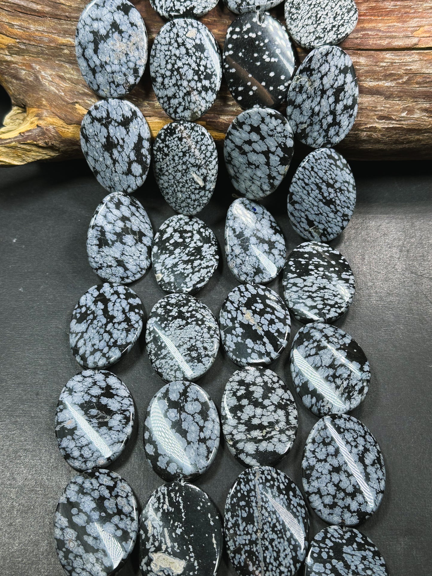 Natural Snowflake Obsidian Gemstone Bead 39x30mm Curved Oval Shape, Natural Black Gray Color Snowflake Obsidian Beads, Full Strand 15.5"