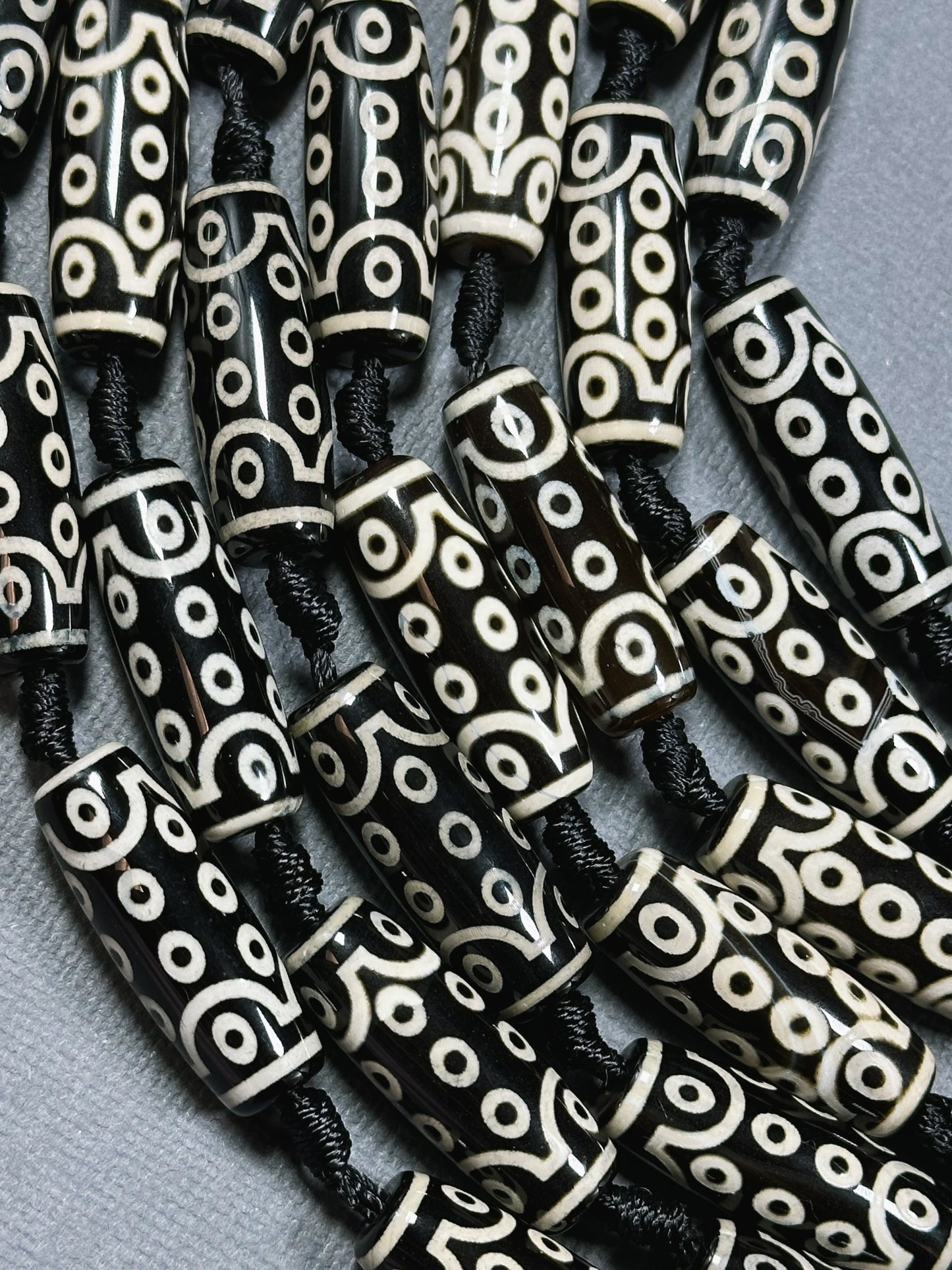 Natural Tibetan Gemstone Bead 29x10mm Barrel Shape Bead, Beautiful Black White Hand Painted Unique Design Tibetan Bead, Full Strand 15.5"